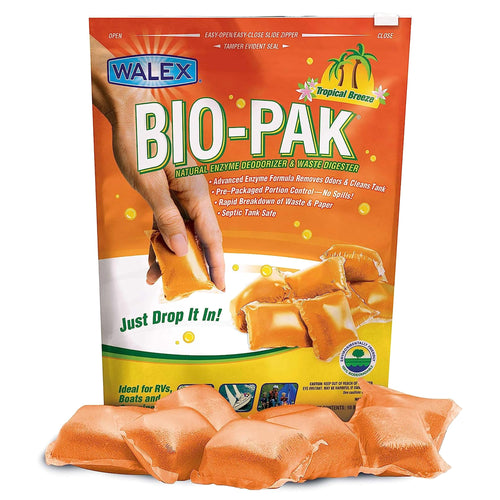 Walex Black Bio-Pak Holding Tank Deodorizer & Waste Digester Drop-Ins - Advanced Enzyme Formula for Rapid Breakdown of Waste & Paper, Removes Odors & Cleans Tank; Tropical Breeze, 10-Pack
