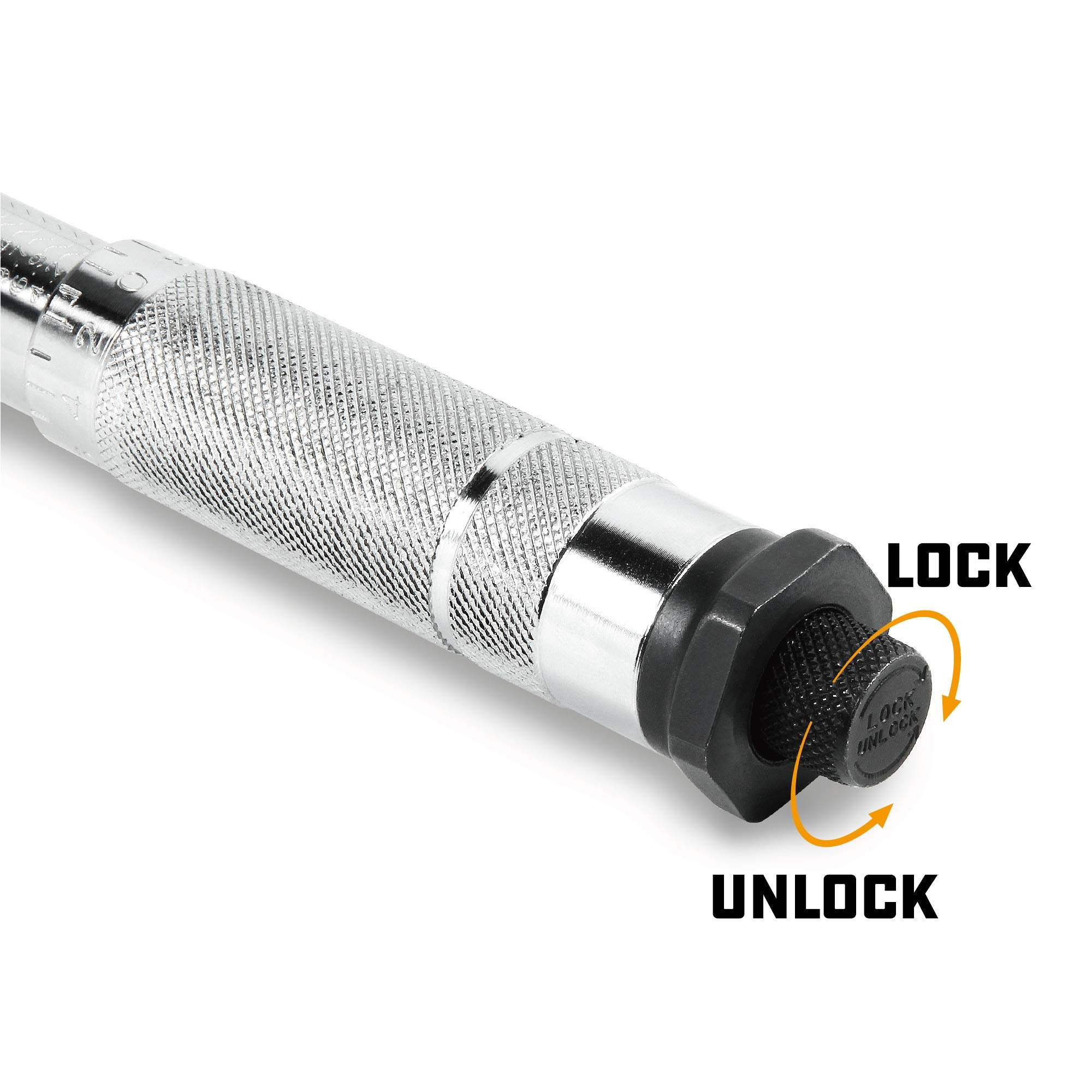 Powerbuilt Torque Wrench Micrometer, 1/2-Inch Drive, Reversible Ratchet Clicks, Lockable, 30 to 150 Foot Pound Range - 644999