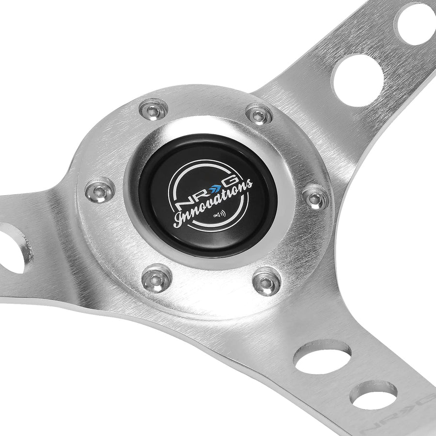 NRG Innovations Reinforced NRG-RST-006WT-Y Steering Wheel 350mm Sport Steering Wheel (3" Deep), Silver Spoke with White Leather Finish and White Stitch