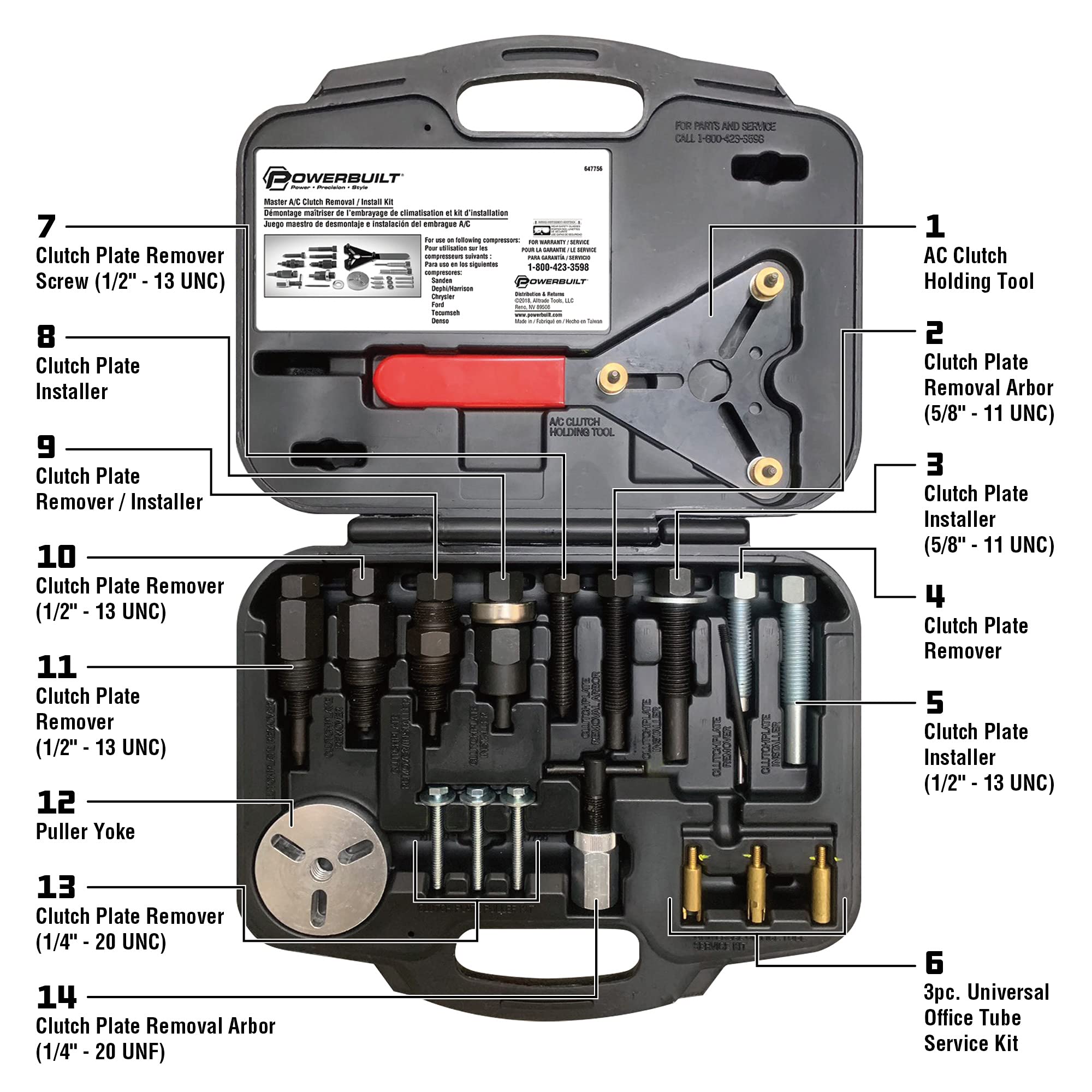 Powerbuilt AC Clutch Removal & Installation Master Tool Kit, Service Automotive AC Compressor Clutches, Holding Tool, Installer, Remover - 647756, Black, 23 Piece