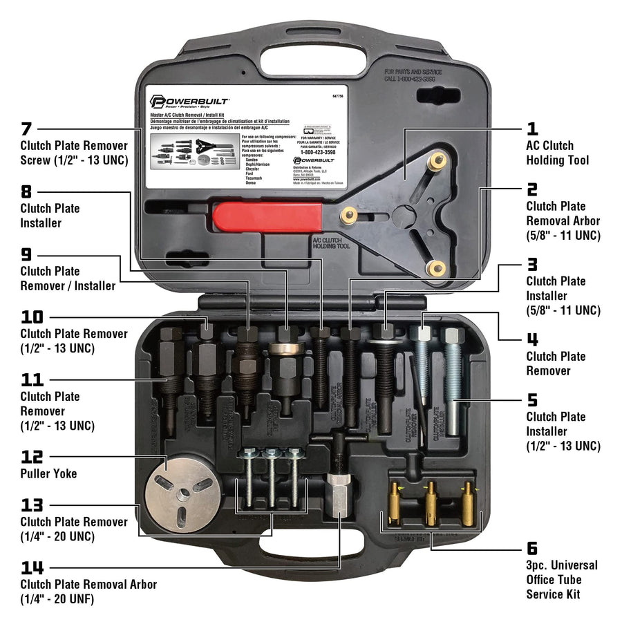 Powerbuilt AC Clutch Removal & Installation Master Tool Kit, Service Automotive AC Compressor Clutches, Holding Tool, Installer, Remover - 647756, Black, 23 Piece