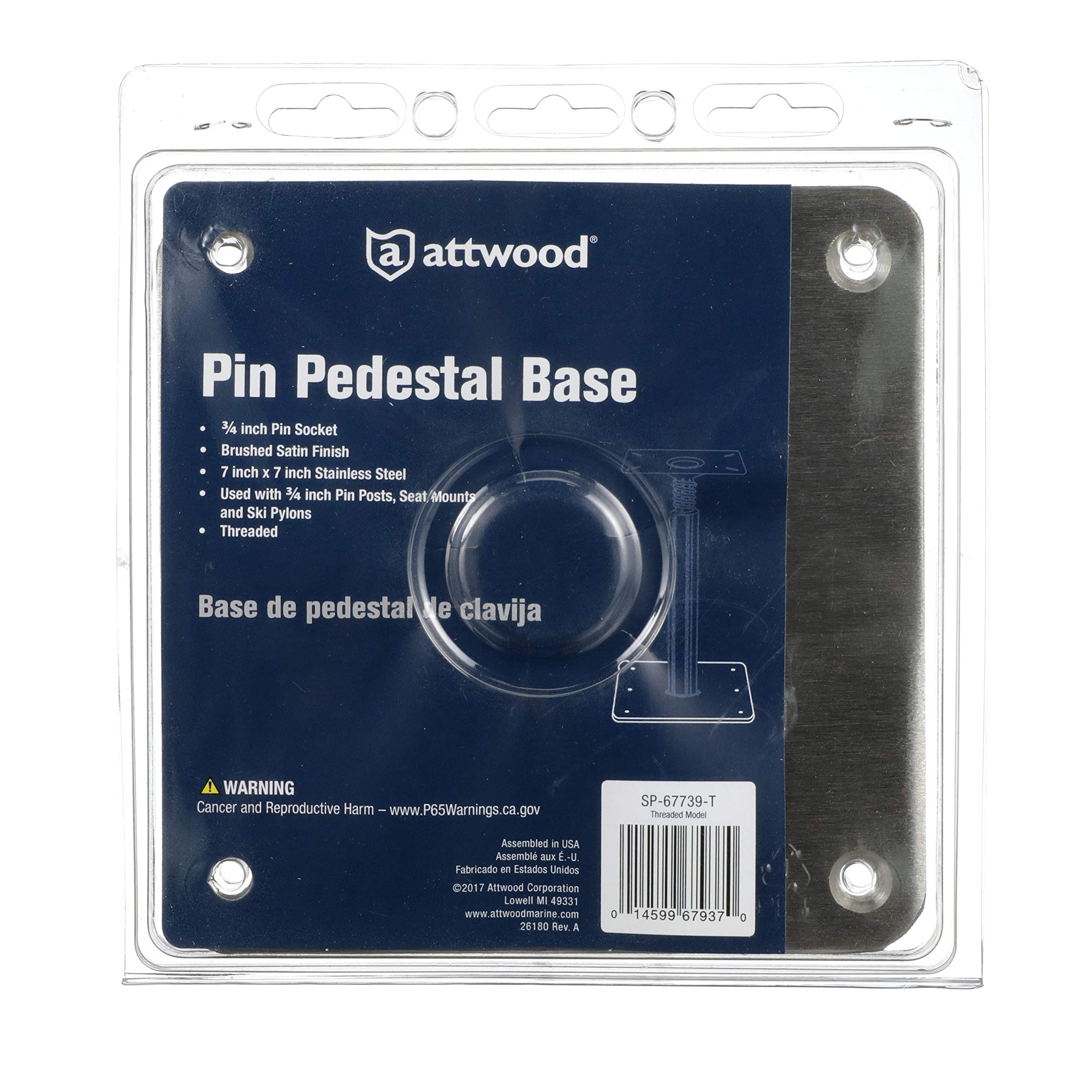 Lock’N-Pin Attwood SP-67739-T ¾-Inch Pin Base — 7x7-Inch Base, Threaded, Acetal Bushing, Pre-Drilled for Mounting