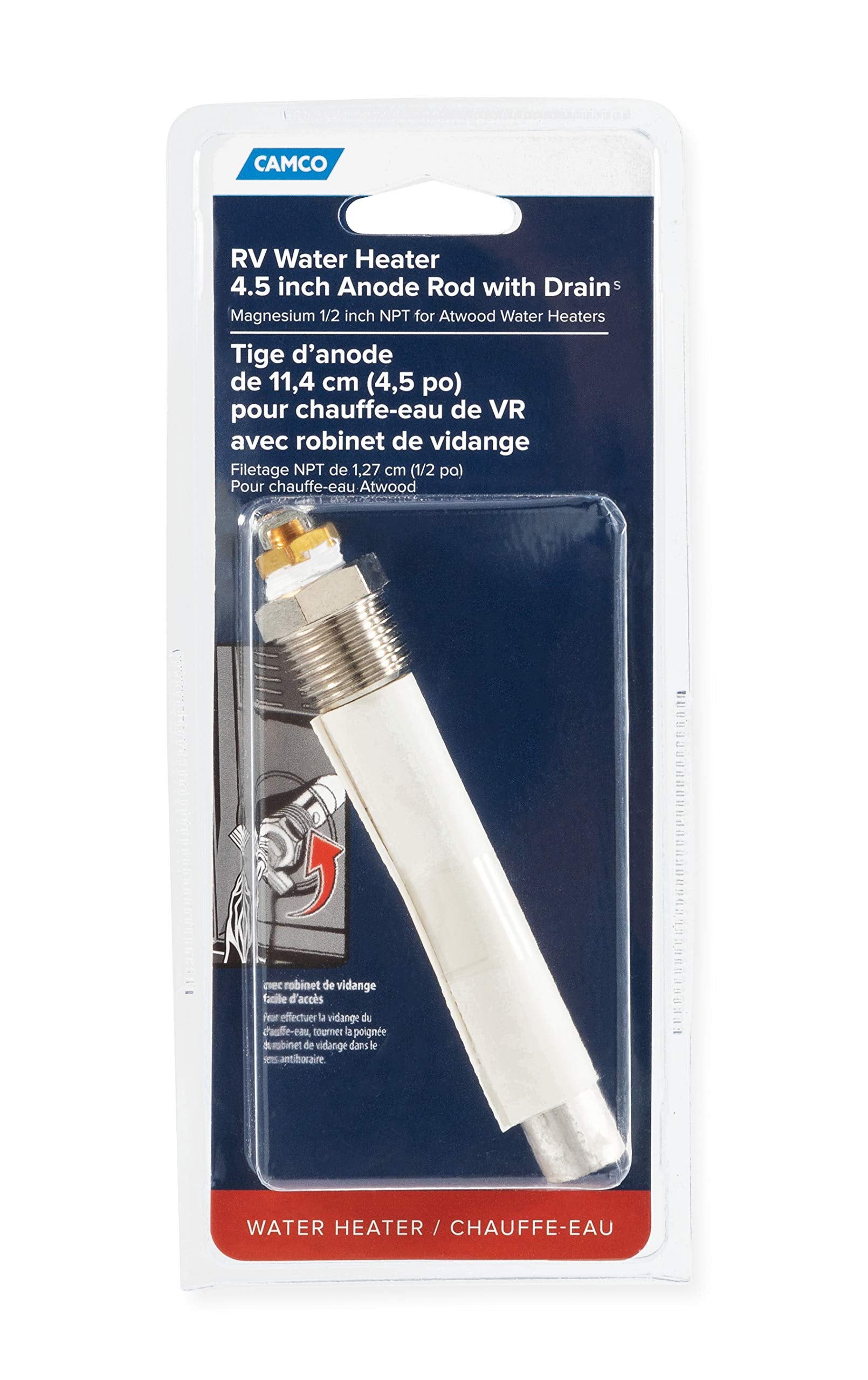 Camco Water Heater RV Anode Rod - Compatible with Atwood-Style Aluminum RV Water Heaters - Features Internal Drain Valve - Extend the Life Of Your Camper Water Heater Tank (11533)