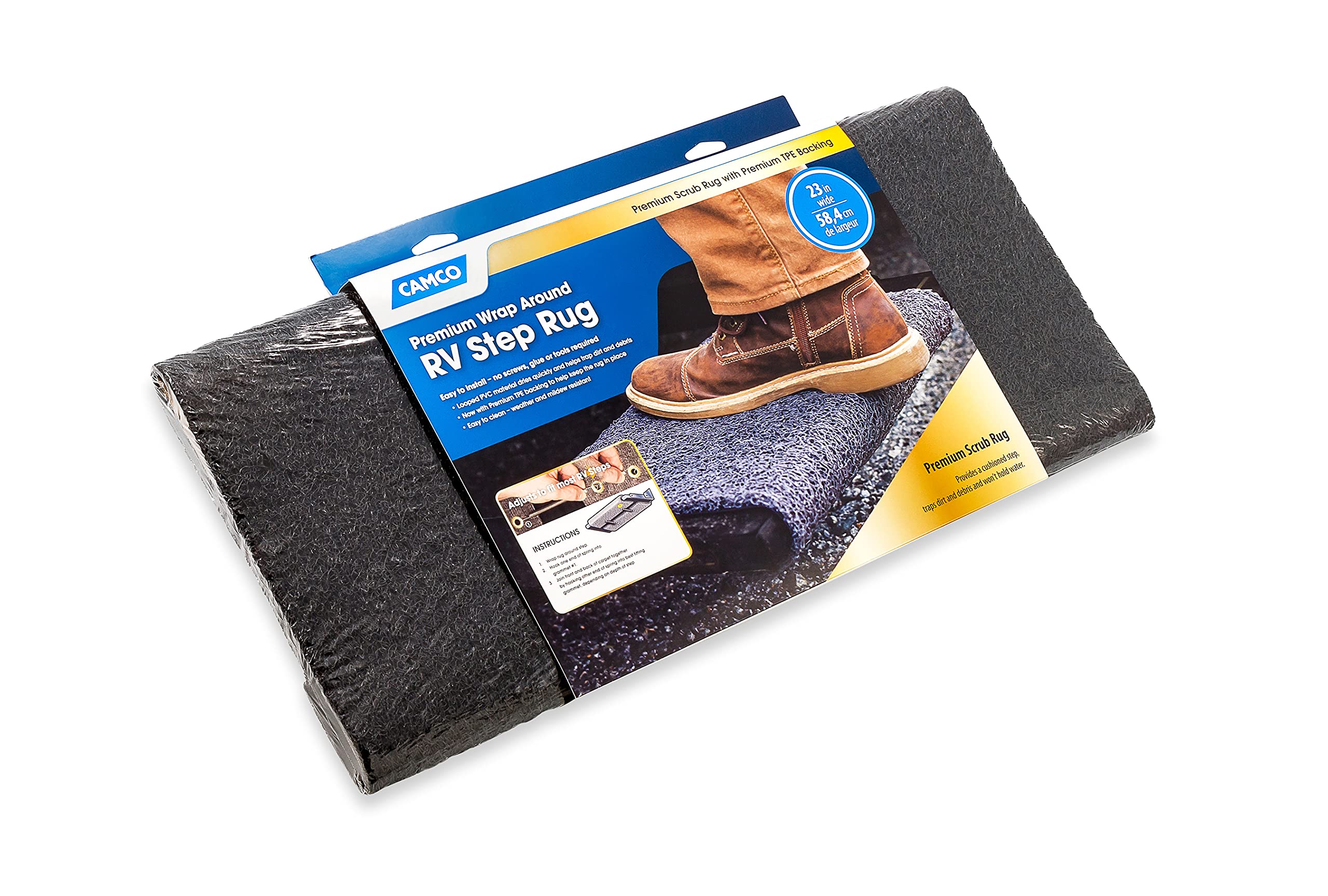Camco Wrap Around Premium RV Step Rug | Fits 23-inch Wide Steps | Adjustable Depth of 8-inches to 11-inches | Compatible with Manual or Electric RV Steps | Black (42966)