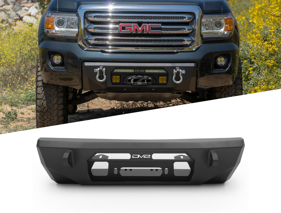 Winch Centric Front Bumper for the 2015-2020 GMC Canyon | Two D-Ring Mounts | One 20-Inch LED Light Bar Mount | Two 3-Inch Pod Light Mounts | Zip Tie Tabs | Micro-Texture Black Powder Coat Finish