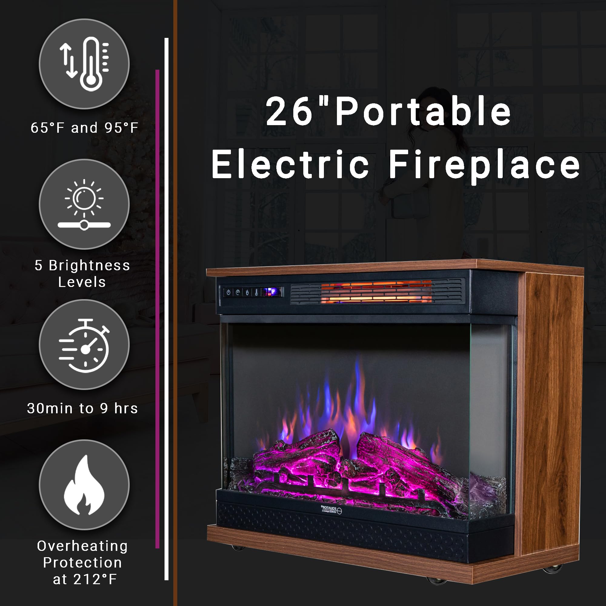 Equator 26" Electric Portable/Freestanding Fireplace in Walnut Brown w/Flame Log Effect Infrared Quartz