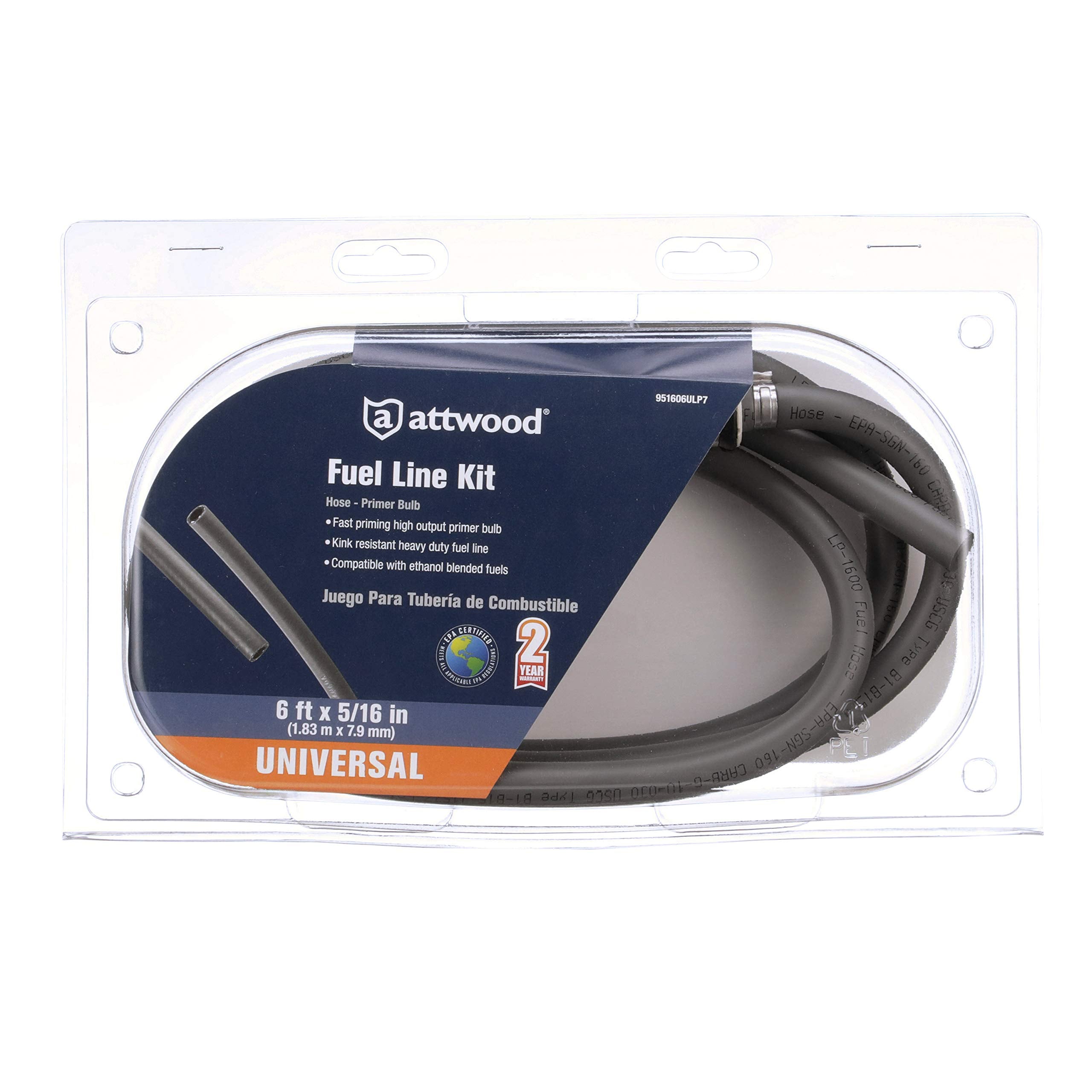 Universal Fuel Line Kit Attwood 951606ULP7, 6 Feet Long, 5/16-Inch Diameter, Multi-Layer Low-Permeation Primer Bulb