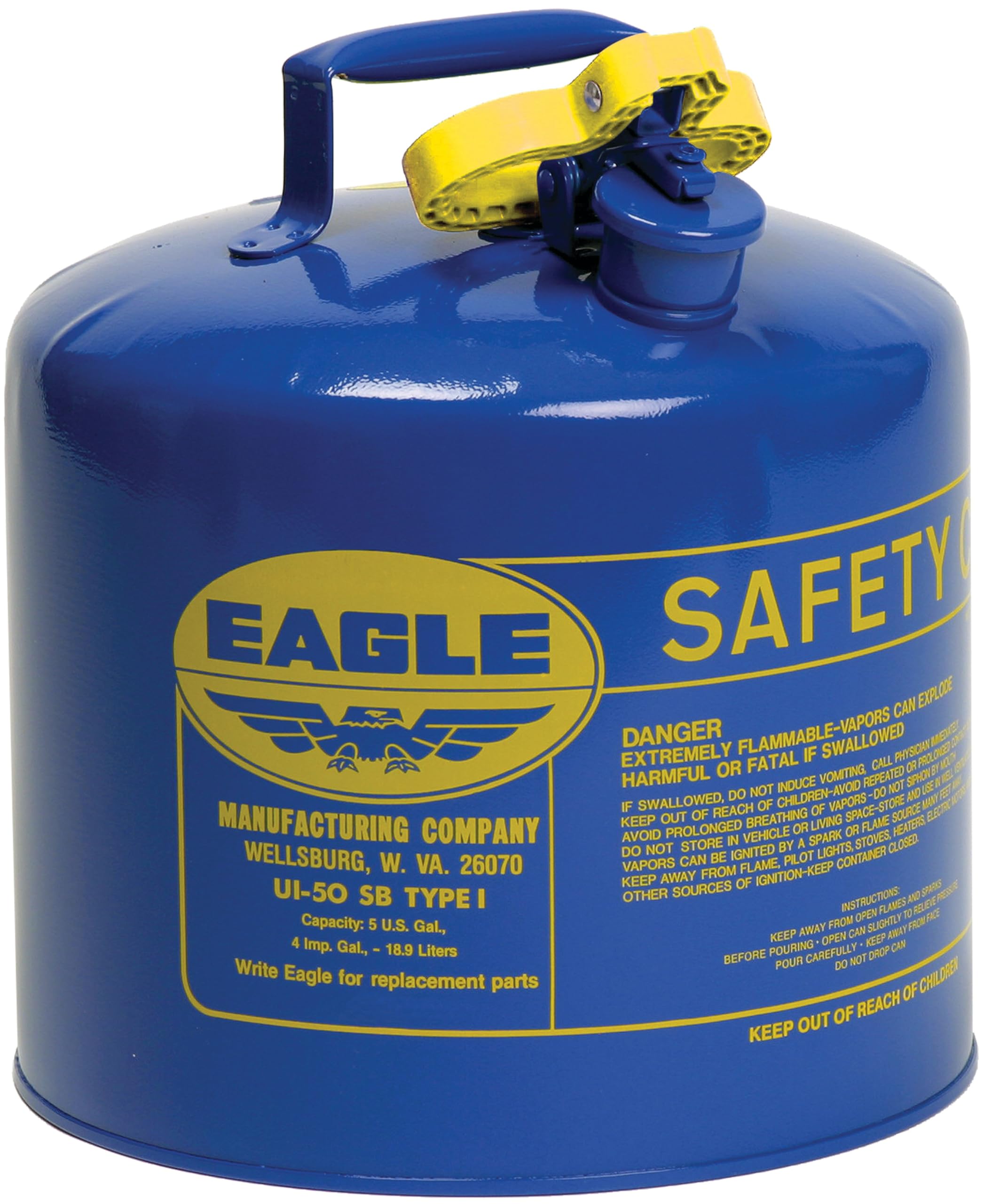 Eagle 5 Gallon Blue Type I Safety Gas Can for Kerosene with Flame Arrester and Self-Closing Lid, Made in the USA, Galvanized Steel Flammable Storage Can, UI50SB