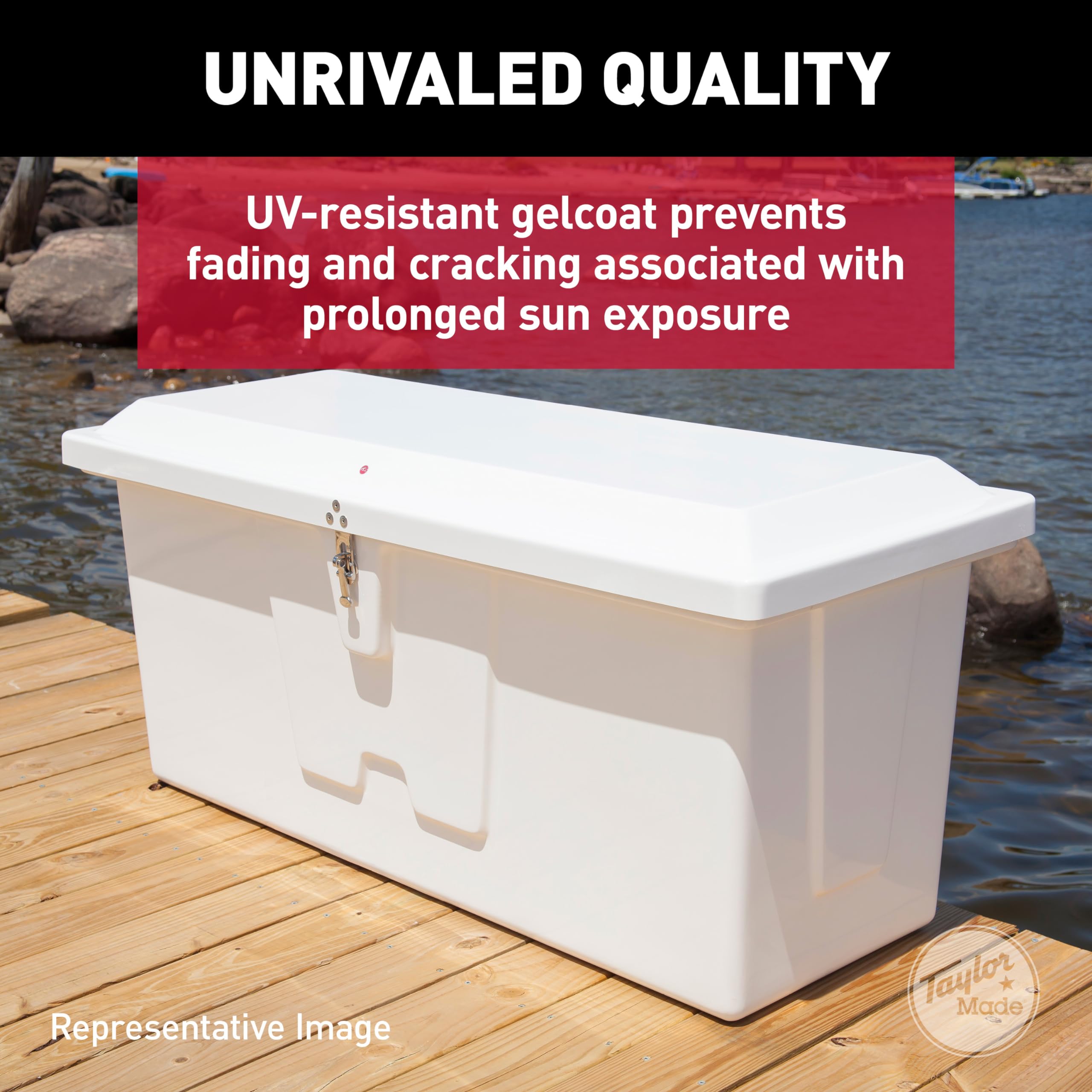 Stow 'N Go Taylor Made Small Fiberglass Dock Box, White (24"H x 54"W x 22"D) – Fiberglass construction, UV gelcoat finish, stainless steel lockable latch and hardware – 2020108652