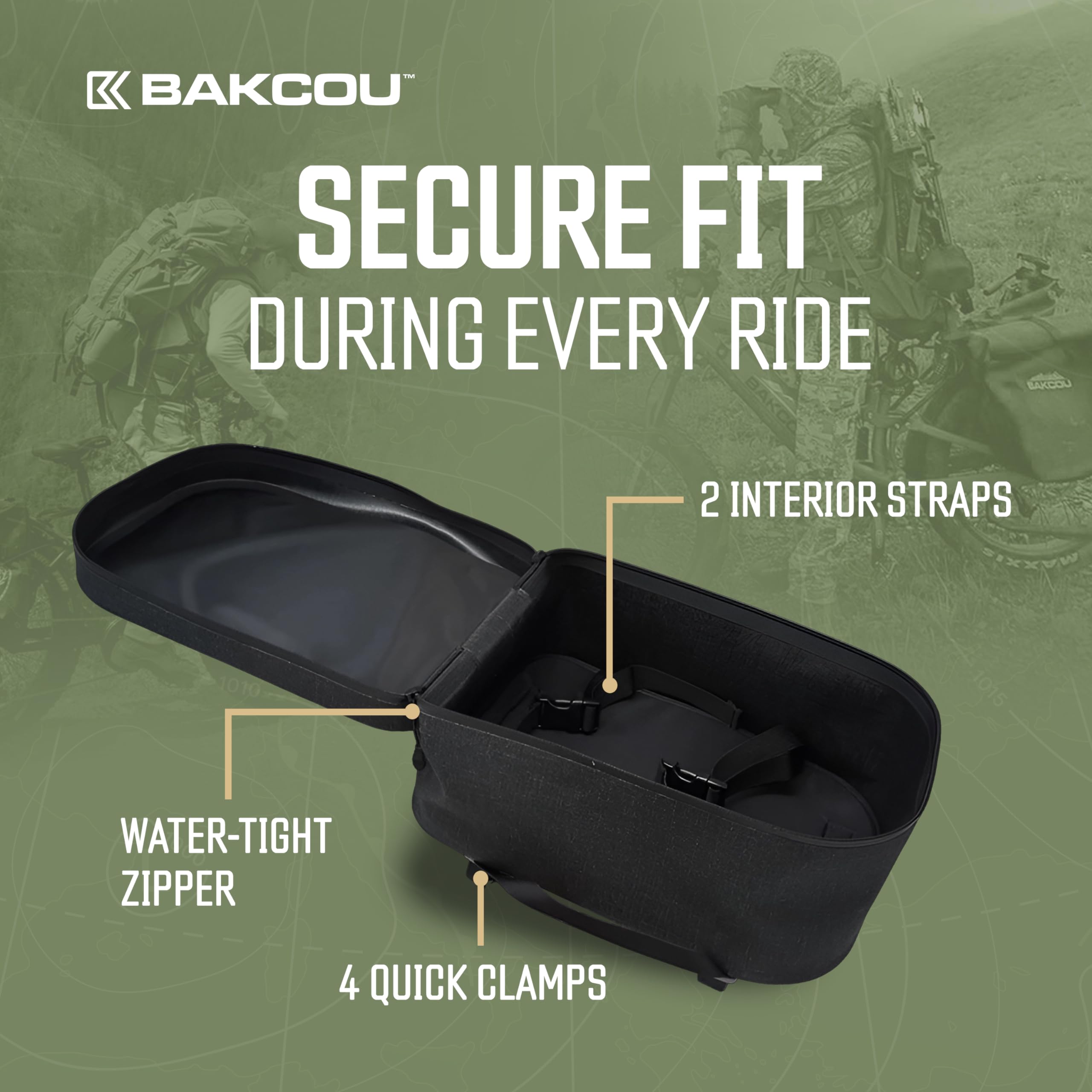 Small Bakcou Top Pannier Bag with 4 Quick Clamps - Waterproof, Tight Zipper, Internal Straps for Battery, Rain Gear - Repair Kit, 12x8x6.5 Inches
