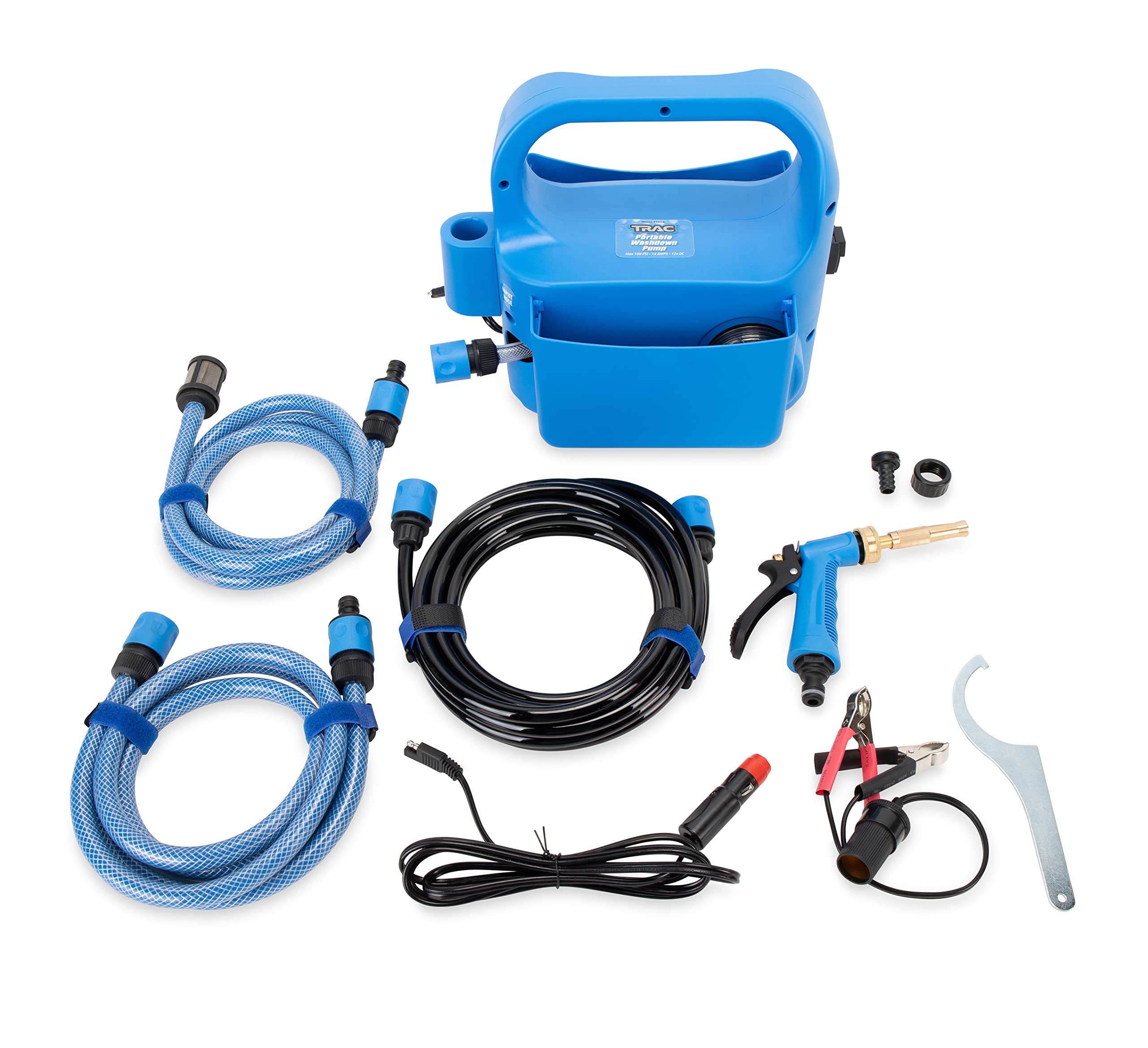 Portable Washdown Pump Kit Trac Outdoors - Self-Priming Marine-Grade Pump - Includes Everything Needed to Power-Spray, Just Add Water (69380), Blue