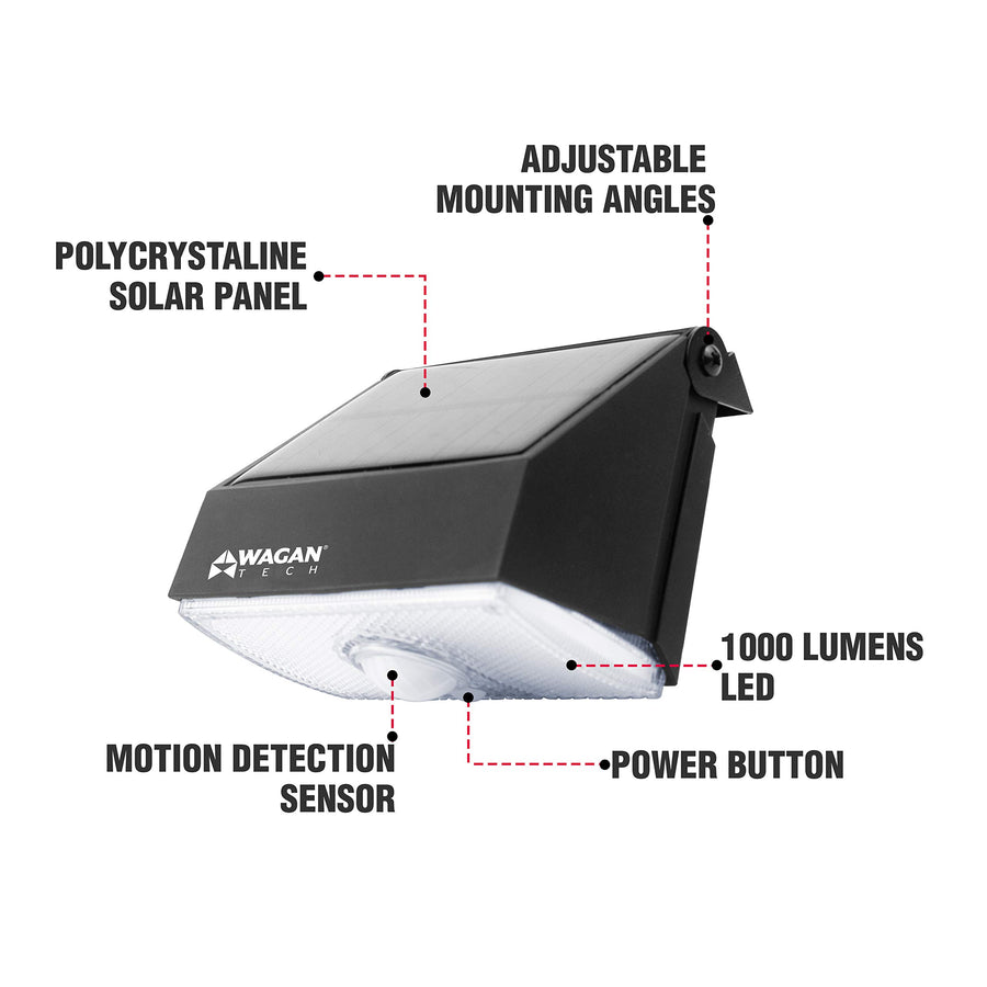 Wagan 1000 Lumens EL8570 Outdoor LED Solar Wall Light Waterproof Motion Detected Light, Black