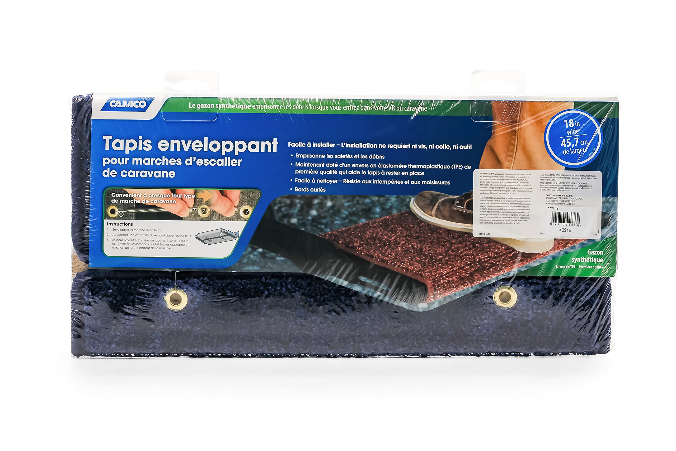 RV Camco Wrap Around Turf Step Rug | Help Trap Dirt, Leaves, and More | Easy to Install | Easy to Clean | Blue (42916)