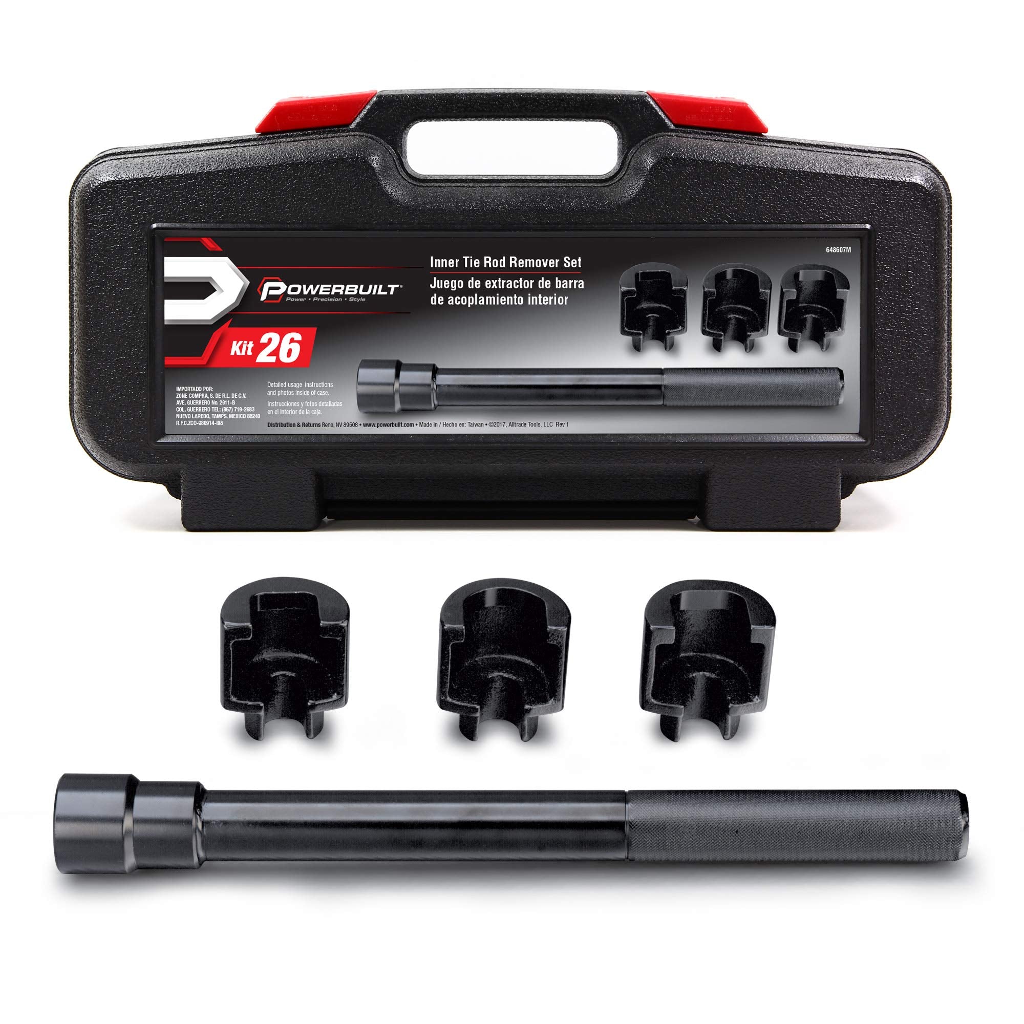 Powerbuilt Tie Rod Inner Remover Tool Kit – Fits Ford, GM, Chrysler Rack, and Pinion – Includes 1-5/16", 1-3/16", 1-7/16" Socket Adapters, Extension Bar, and Case – 648607