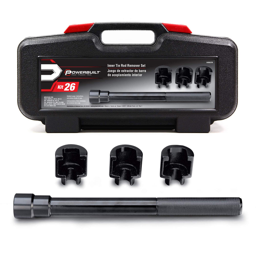Powerbuilt Tie Rod Inner Remover Tool Kit – Fits Ford, GM, Chrysler Rack, and Pinion – Includes 1-5/16", 1-3/16", 1-7/16" Socket Adapters, Extension Bar, and Case – 648607