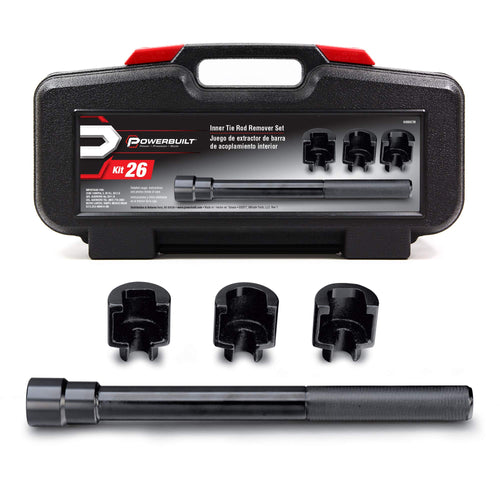 Powerbuilt Tie Rod Inner Remover Tool Kit – Fits Ford, GM, Chrysler Rack, and Pinion – Includes 1-5/16", 1-3/16", 1-7/16" Socket Adapters, Extension Bar, and Case – 648607