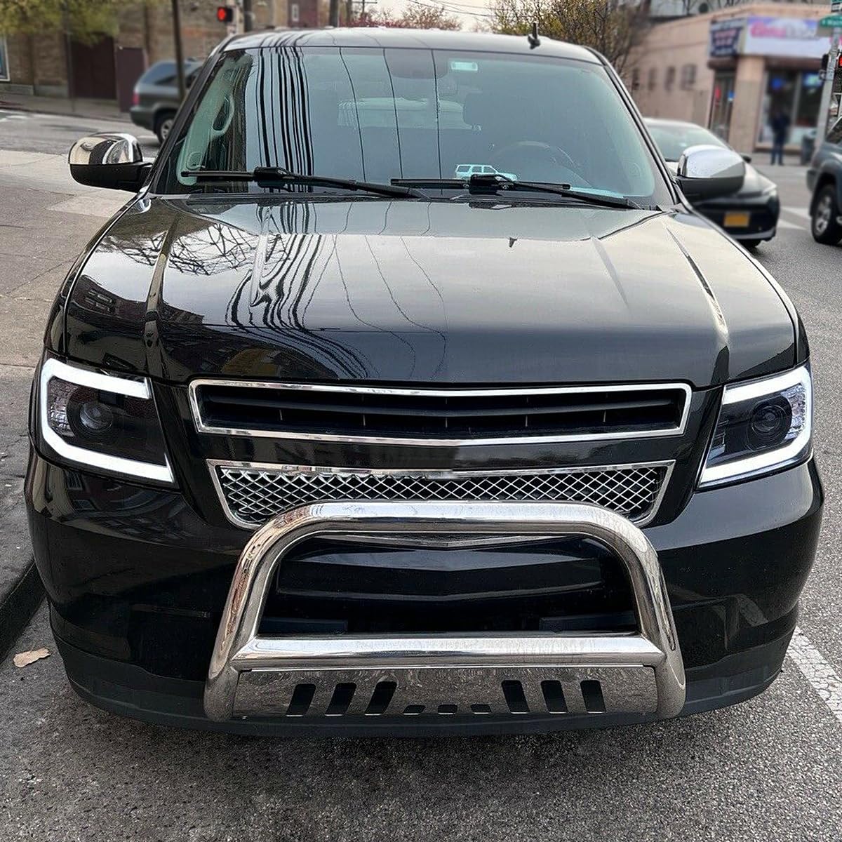 Glossy Black Smoke SPEC-D TUNING DRL LED Strip Projector Headlights Compatible with 2007-2013 Chevy Avalanche, Tahoe, Suburban 1500 2500, Left + Right Pair Headlamps Assembly