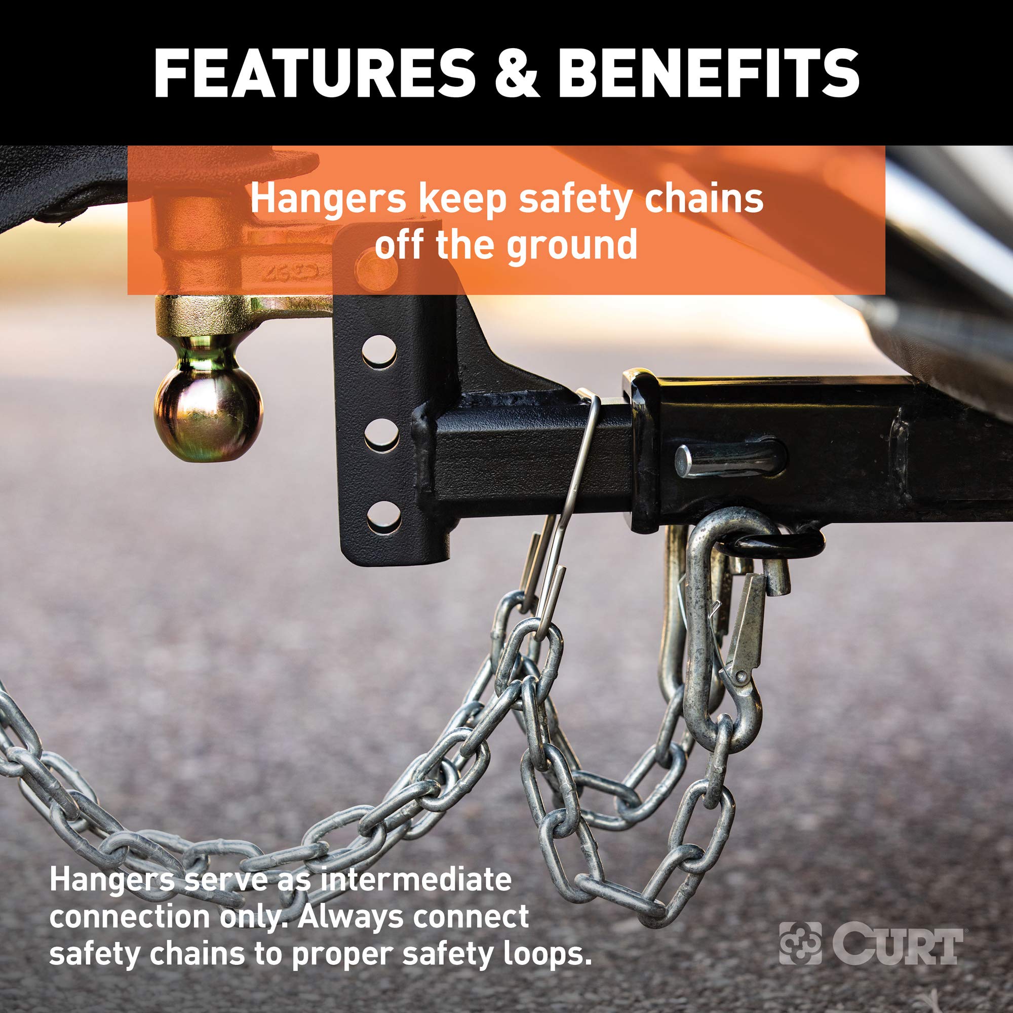 CURT Trailer Safety Chain Holder Bracket for Clip-On 2-inch Shank, Stainless Steel Hanger Hooks