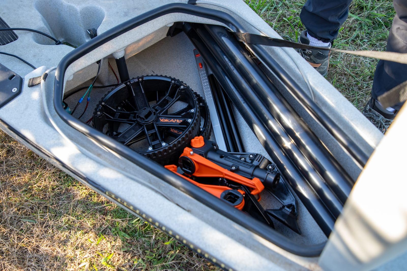 TowNStow YakAttack Scupper Kayak Cart | Collapsible with Extra Fore & AFT Hull Support | Adjustable 5.5" - 14.5" Wide | Dual Kick-Away Stands | 3-Piece BeadLoc Wheel Design & Rubber Tread | USA Made