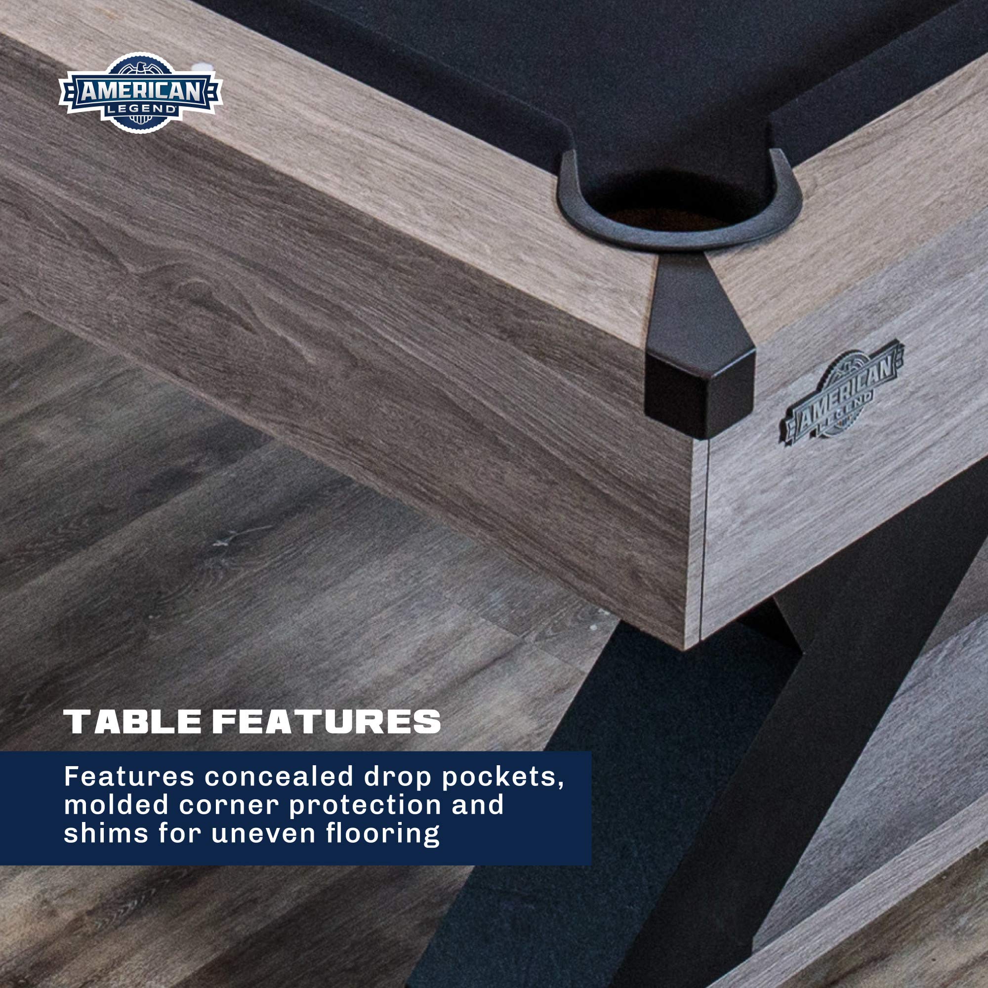 Kirkwood American Legend 90” Billiard Table with Rustic Finish, K-Shaped Legs and Black Cloth, Brown