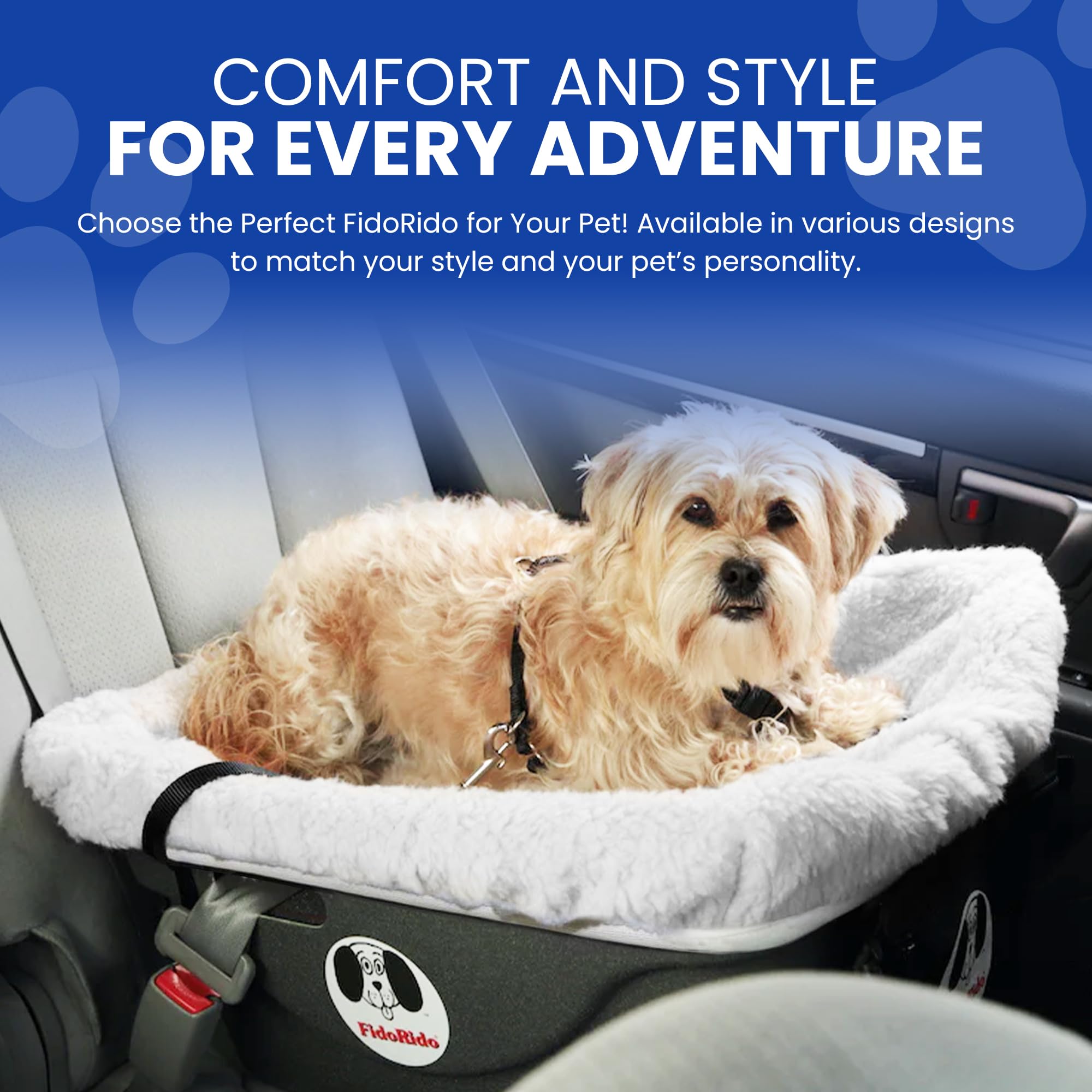 Dog Car Seat FidoRido - Booster Seat for Small to Large Dogs with Comfortable Cushions, Sherpa Cover, and Safety Straps, Easy to Install, and Ideal for Travel, White Sherpa - Small Harness