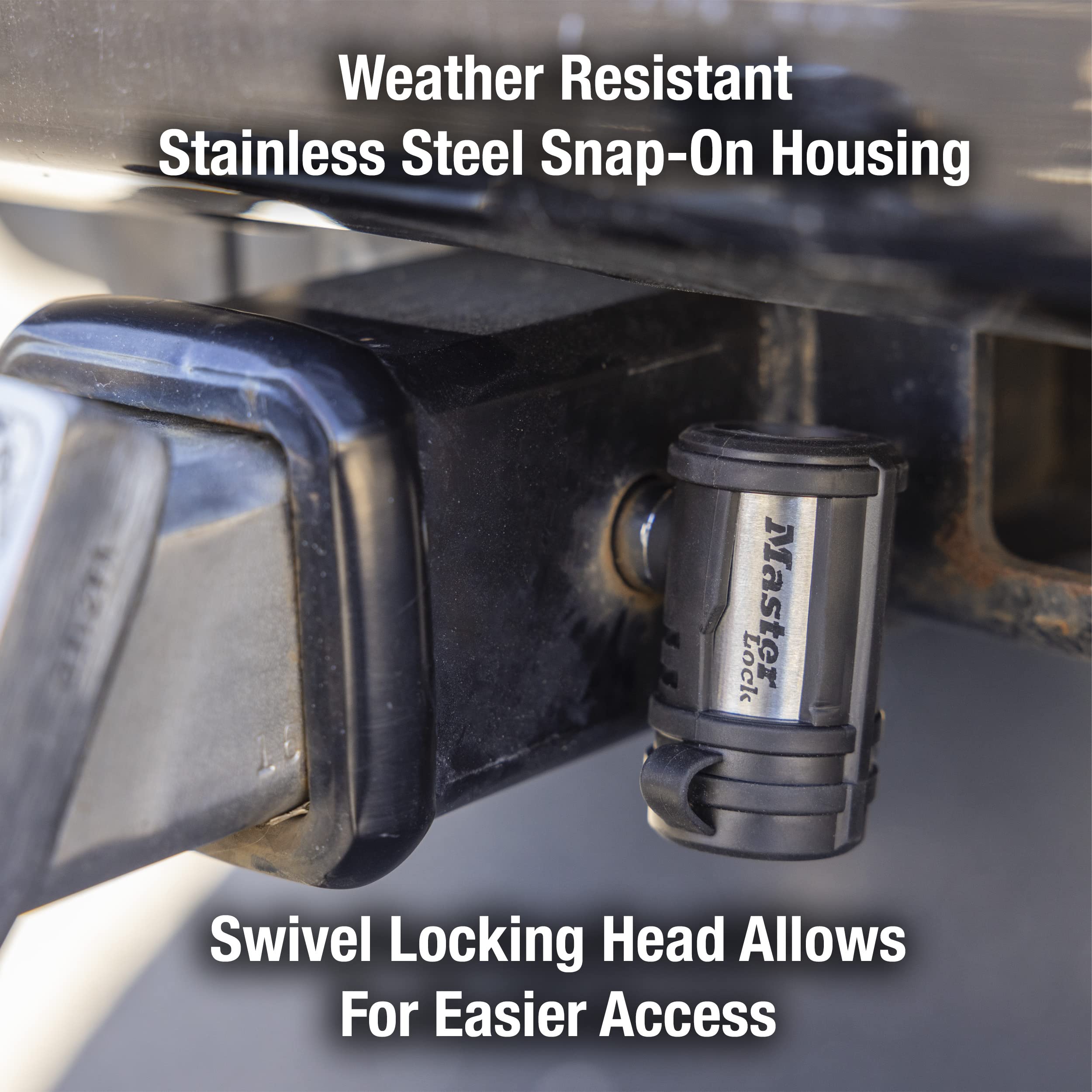 Master Lock 2866DAT Receiver Lock, 1/2 in. and 5/8 in. Swivel Head, Weather Resistant Trailer Coupler Locking Hitch Pin with Keys for Protecting Trailers, RVs