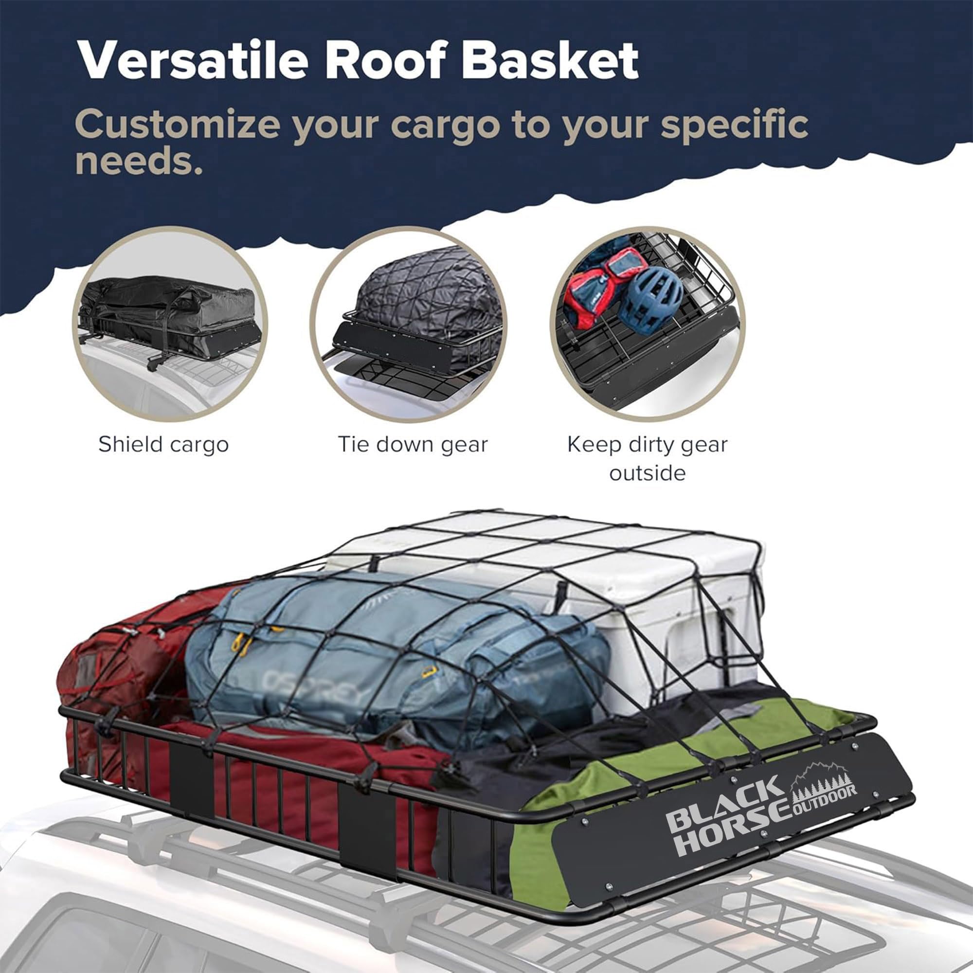 64"x39"x6" Black Horse Traveler Roof Rack Cargo Carrier Basket, Heavy Duty Weather Resistant Luggage & Camping Gear Storage for Car, Truck or SUV Transport, 200 lbs Capacity - BHODBA6439