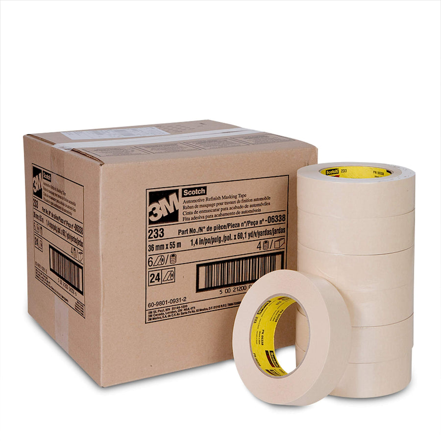 3M Scotch Automotive Masking Tape Refinish 233, 06338, 36 mm x 55 m, 1 Rolls, Tan, High Performance, Crepe Paper