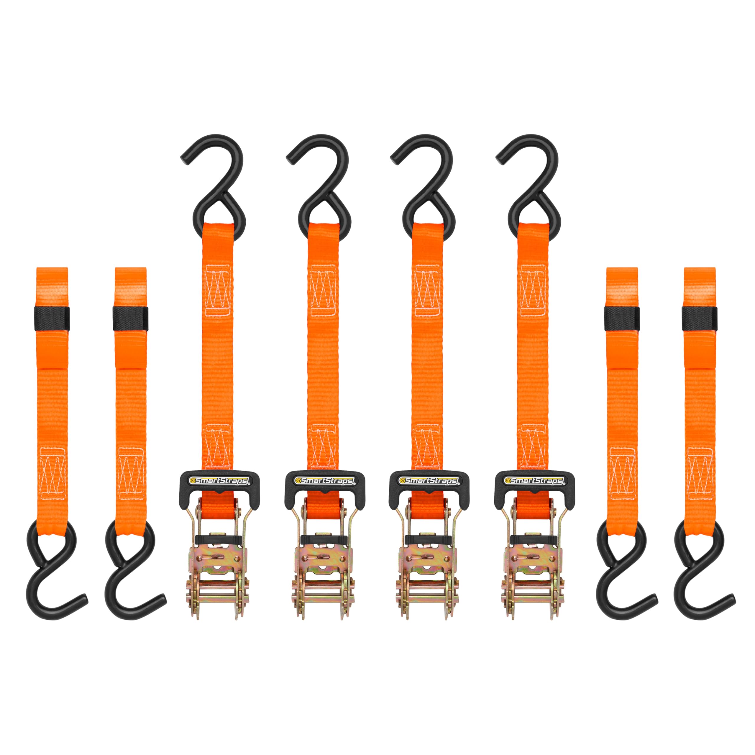 10-Foot SMARTSTRAPS Ratchet Straps (4pk) – 3,000 lbs Break Strength – 1,000 lbs Safe Work Load Haul Heavier Loads Like Motorcycles, Boats and Large Appliances – Heavy-Duty Padded Tie-Downs, ORANGE (149)
