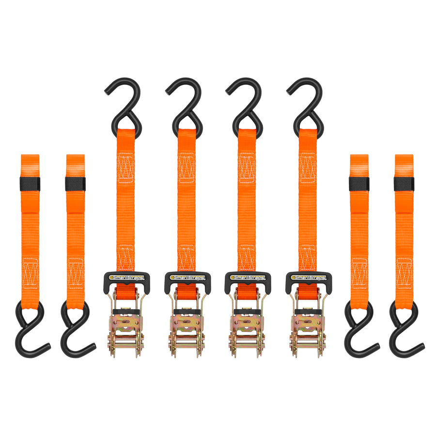 10-Foot SMARTSTRAPS Ratchet Straps (4pk) – 3,000 lbs Break Strength – 1,000 lbs Safe Work Load Haul Heavier Loads Like Motorcycles, Boats and Large Appliances – Heavy-Duty Padded Tie-Downs, ORANGE (149)