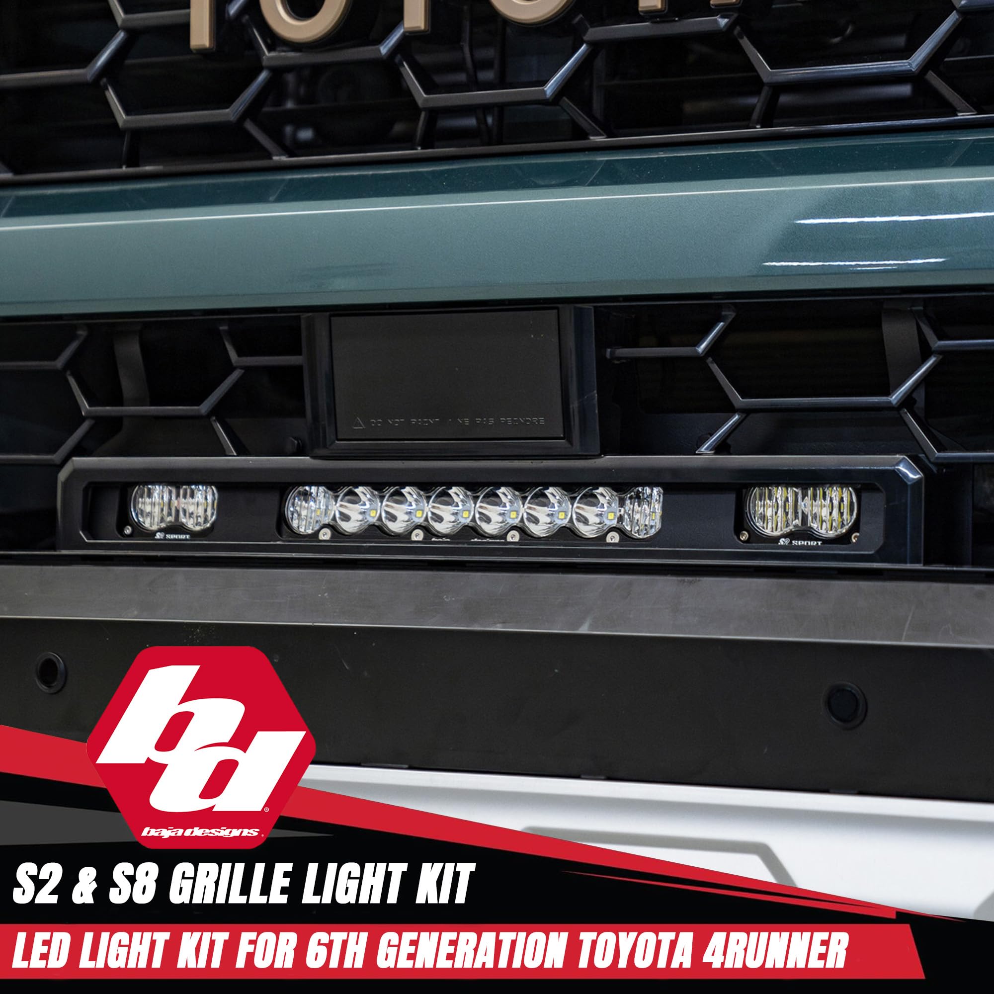 Baja Designs LED Light Kit Grille for 2025+ Toyota 4Runner TRD Pro/Trailhunter - S8 10-Inch LED Light Bar & S2 Pro Pods (3 PCS) - Street Legal, OEM Switch Compatible (Multi Pattern; Clear)