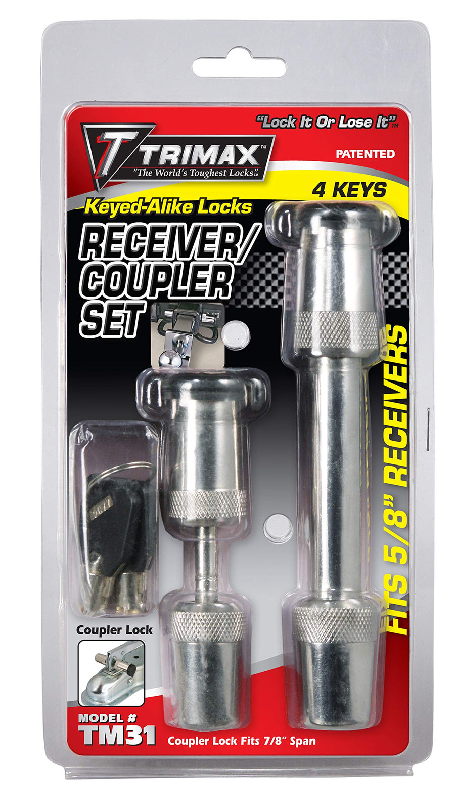 Trimax T3-5/8 Coupler & Tc1-7/8 Receiver Lock-Keyed Alike Set TM31, Clam Packaging, Chrome