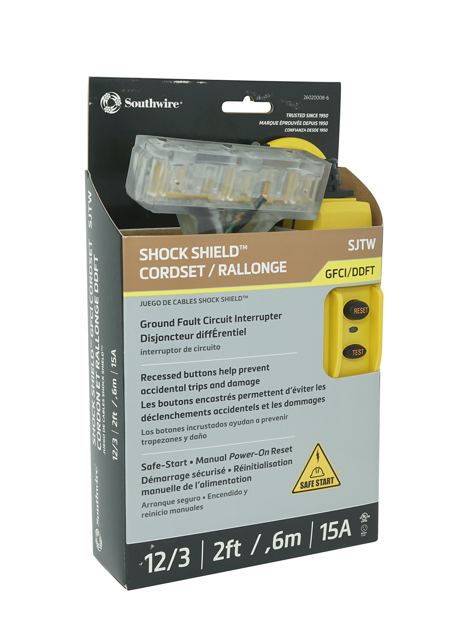 Shockshield TRC 26020008-6 12/3 Gauge GFCI Protected In-line Tri-Cord Set with 3-Outlets; 2-Feet; 15-Amp; Yellow