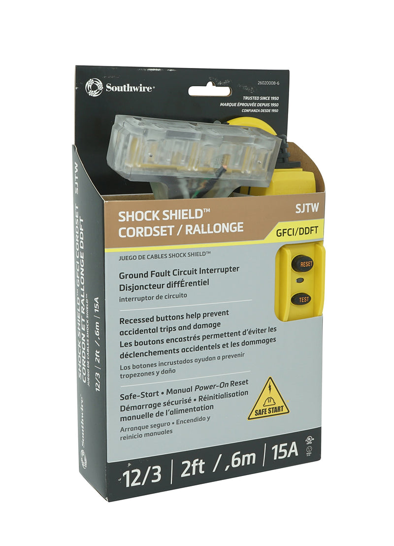 Shockshield TRC 26020008-6 12/3 Gauge GFCI Protected In-line Tri-Cord Set with 3-Outlets; 2-Feet; 15-Amp; Yellow