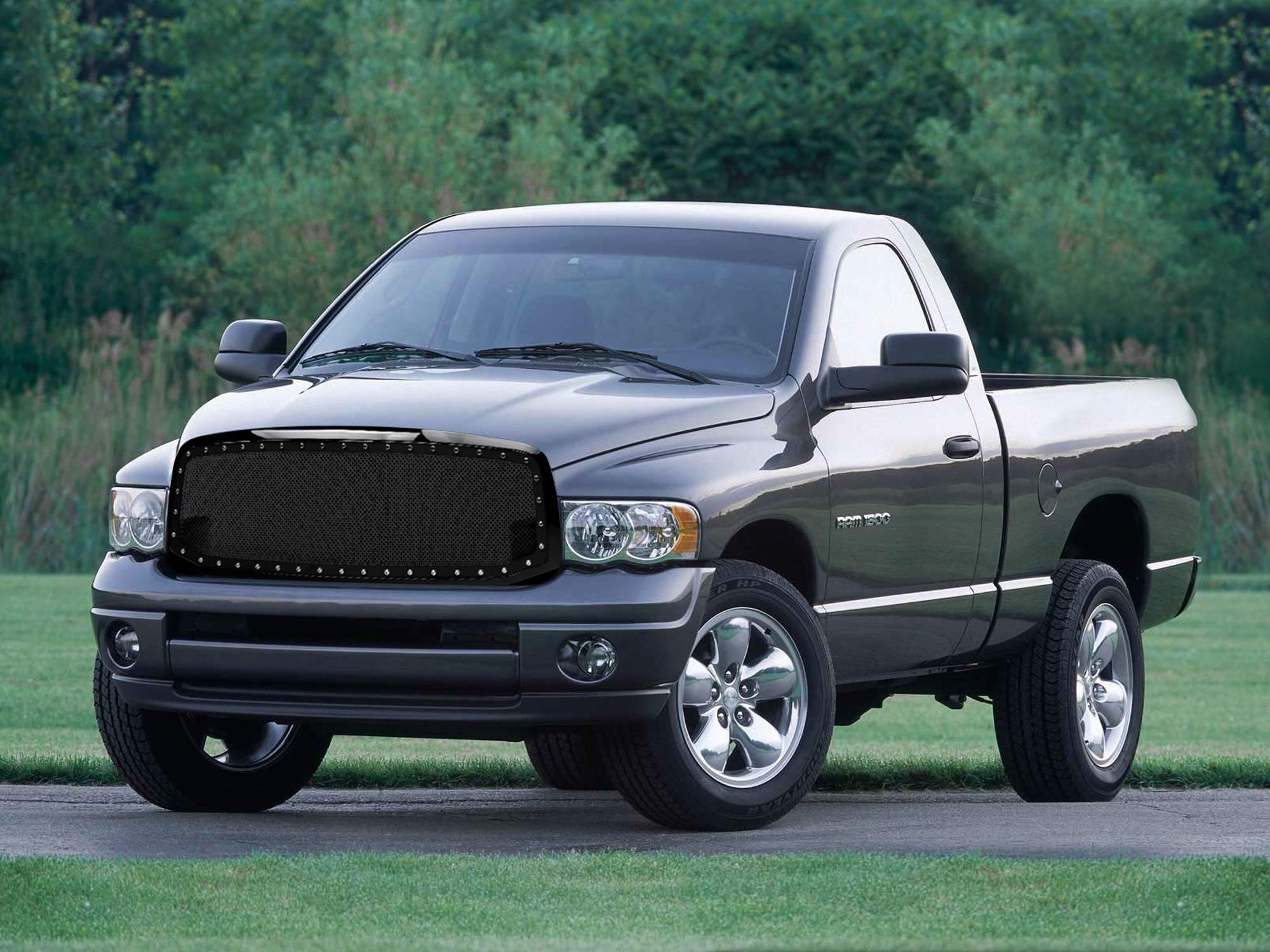 Studded Mesh Front Hood Grille Armordillo USA - Gloss Black Fits 2002-2005 Dodge Ram 1500