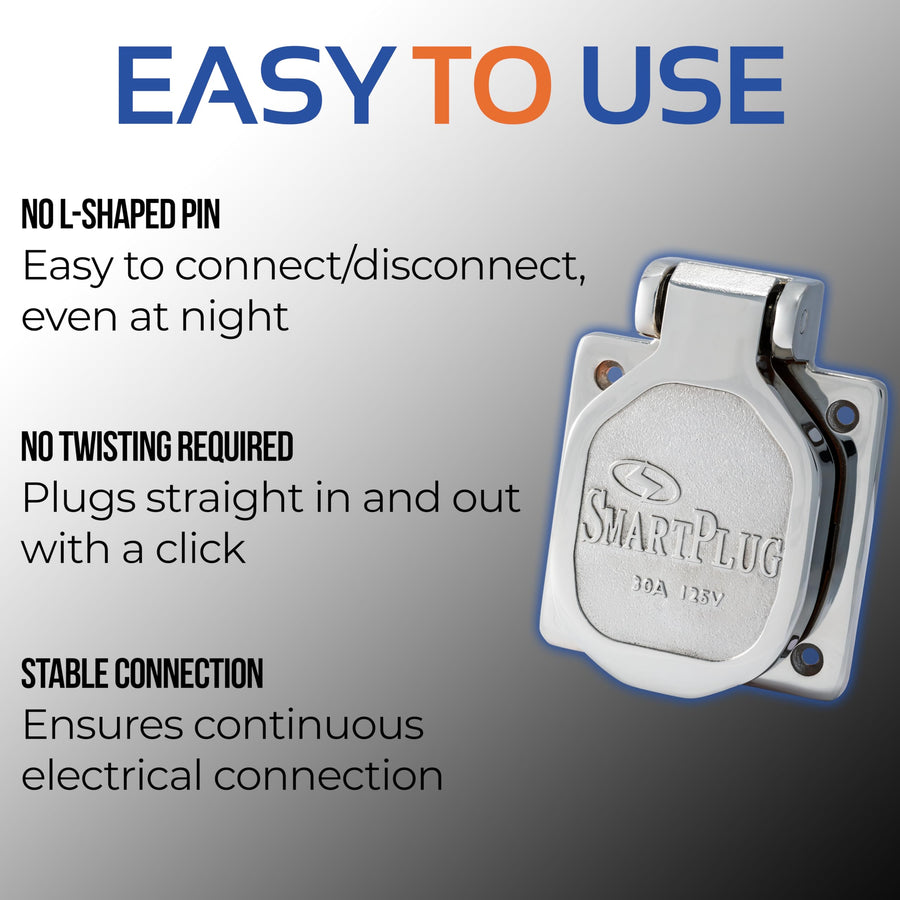 30 Amp SmartPlug BM30NT Shore Power Inlet – 125V Stainless Steel, Weatherproof No-Twist Marine & RV Connector with Secure Multi-Point Locking System