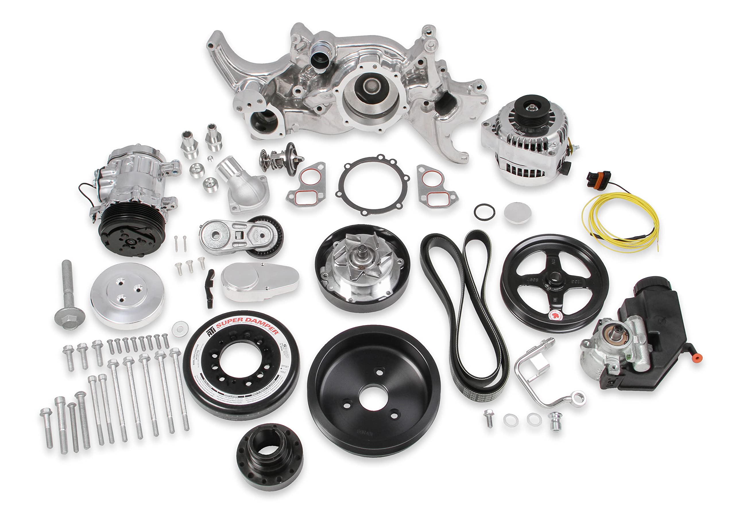 Holley Complete LS Swap Front Accessory Serpentine Drive System | Mid-Mount with Water Pump, SFI Damper, Alternator, A/C & Power Steering | Gen III/IV 4.8/5.3/LS1/LS2/LS3/LS6 Polished 20-185P
