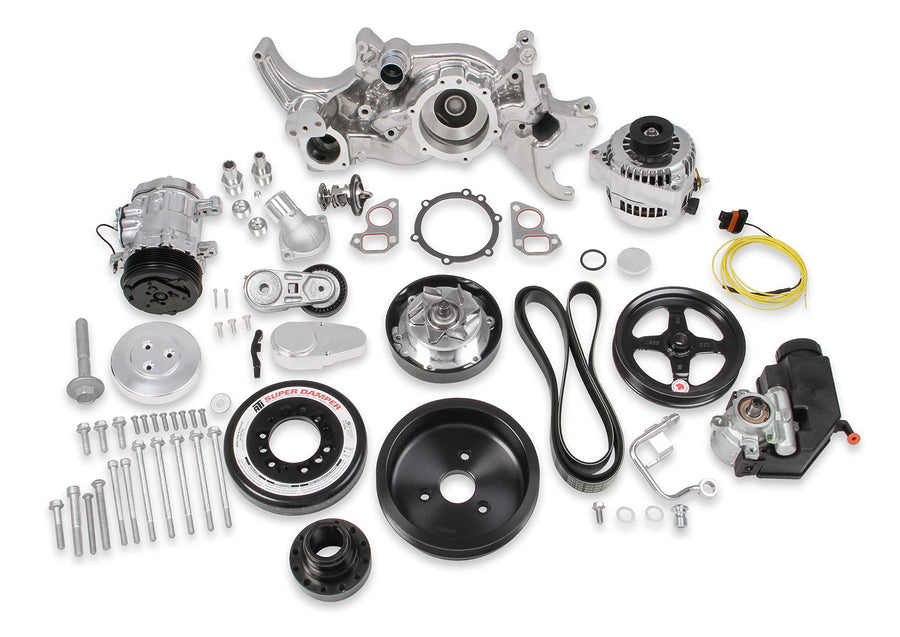 Holley Complete LS Swap Front Accessory Serpentine Drive System | Mid-Mount with Water Pump, SFI Damper, Alternator, A/C & Power Steering | Gen III/IV 4.8/5.3/LS1/LS2/LS3/LS6 Polished 20-185P
