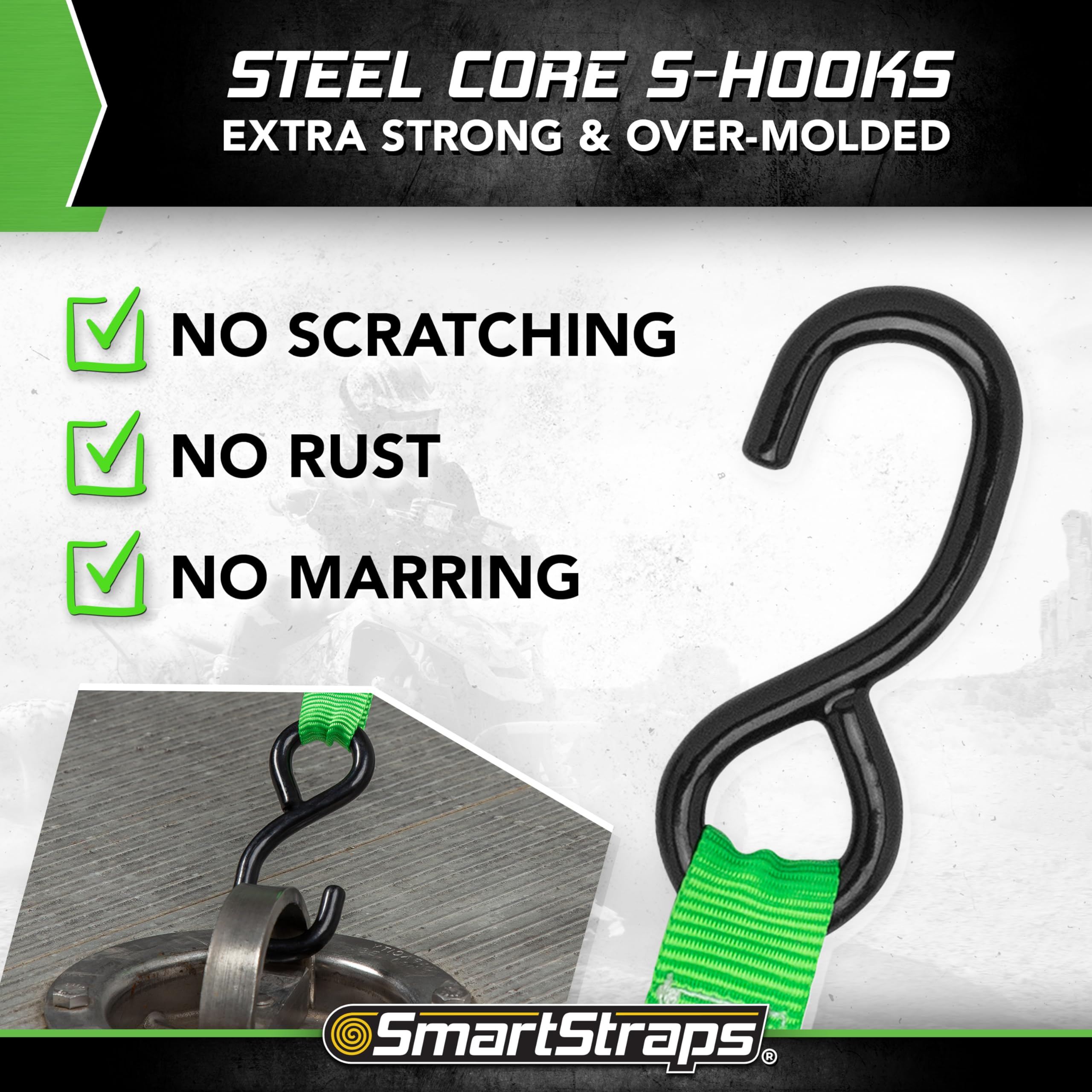 Retractable Ratchet Tie Down Straps SMARTSTRAPS (4 PK) 1,500lb Break Strength, 500lb Safe Work Load, Standard Duty, Secure and Haul ATVs, Lawn Tractors, Cargo, Boxes and Other Small Equipment