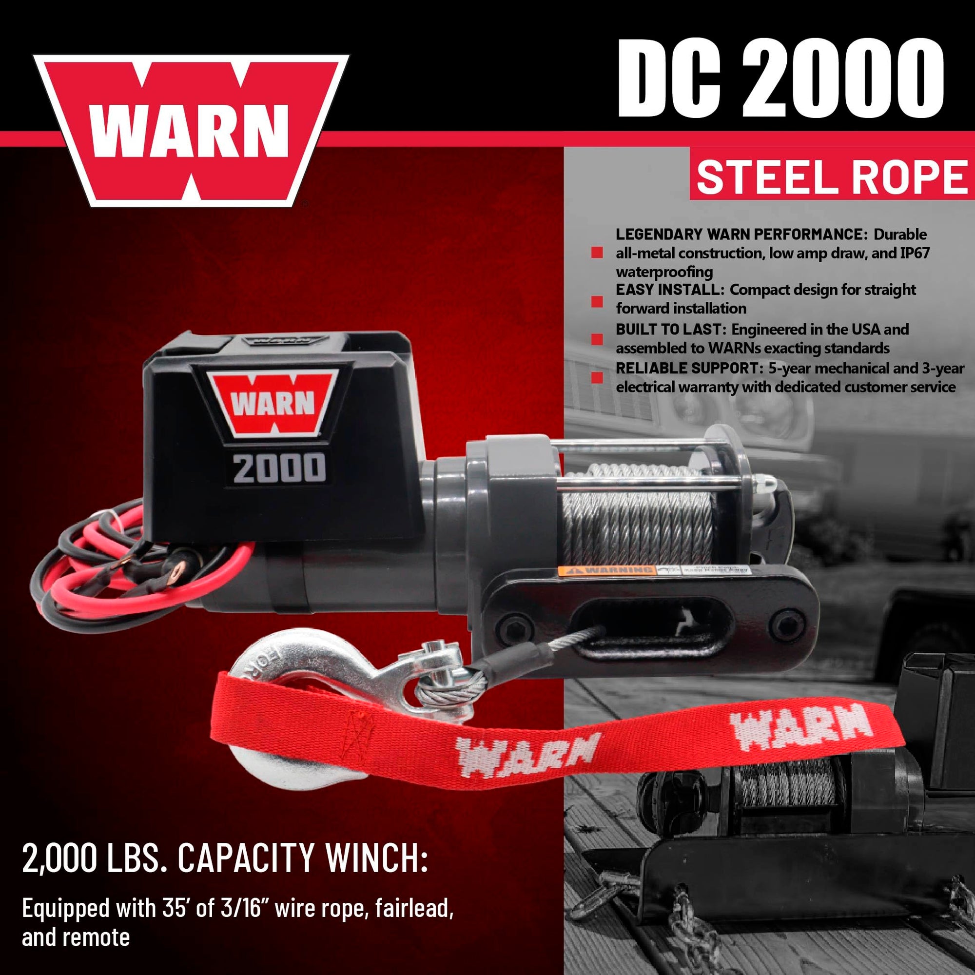 2000 WARN DC 12V Electric Winch, 2000 lb Pulling Capacity | Steel Cable, Hook & Corded Remote | Portable, Compact Power for Trailers, ATVs, Workshops, and General Utility Lifting & Pulling