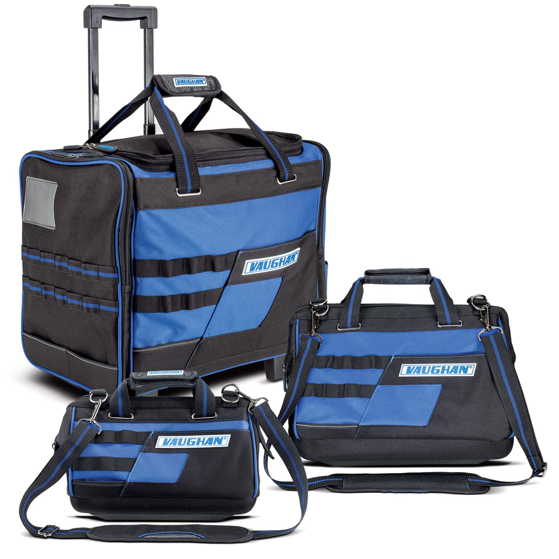 3 Piece Vaughan Tool Bag Set, with 18 inch Roller Tool Bag, 16 inch and 13 Inch Wide Mouth Bags, 1200D Polyester, Lots of Tool Storage, Heavy Duty Zippers, Shoulder Straps, Carry Handles - 240154
