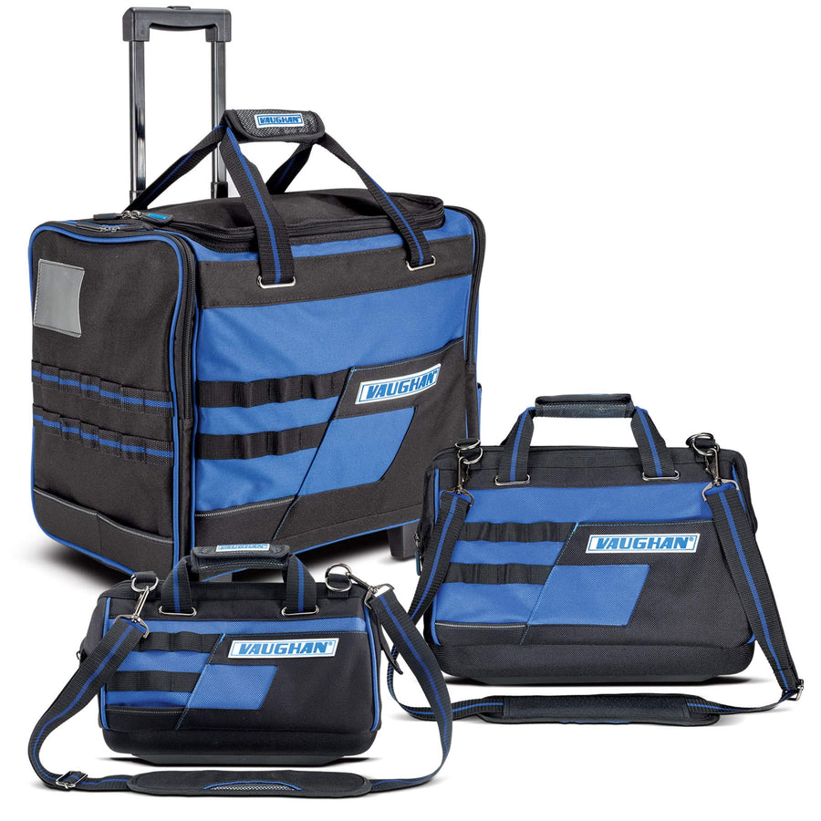 3 Piece Vaughan Tool Bag Set, with 18 inch Roller Tool Bag, 16 inch and 13 Inch Wide Mouth Bags, 1200D Polyester, Lots of Tool Storage, Heavy Duty Zippers, Shoulder Straps, Carry Handles - 240154