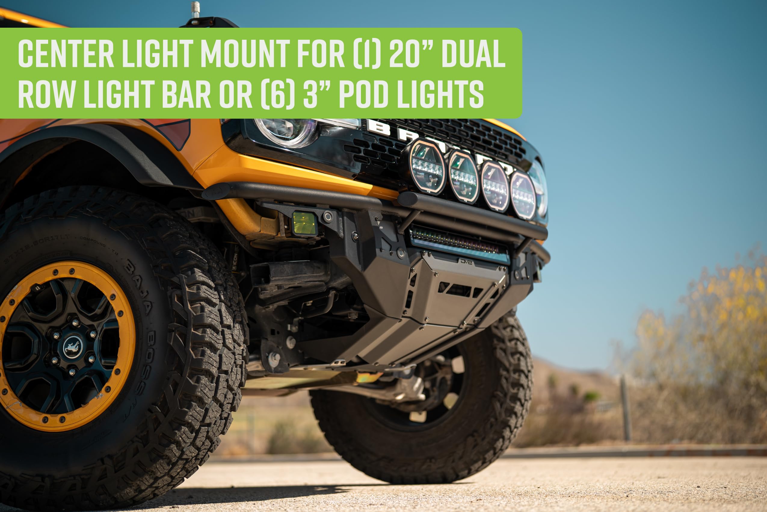 Front Bumper DV8 Offroad Tube Series for 2021-2025 Ford Bronco | Ultra High-Clearance Design | Center Light Mount | Prerunner Style Bolt-On Light Hoop | Recovery Points | Front Skid Plate | Steel