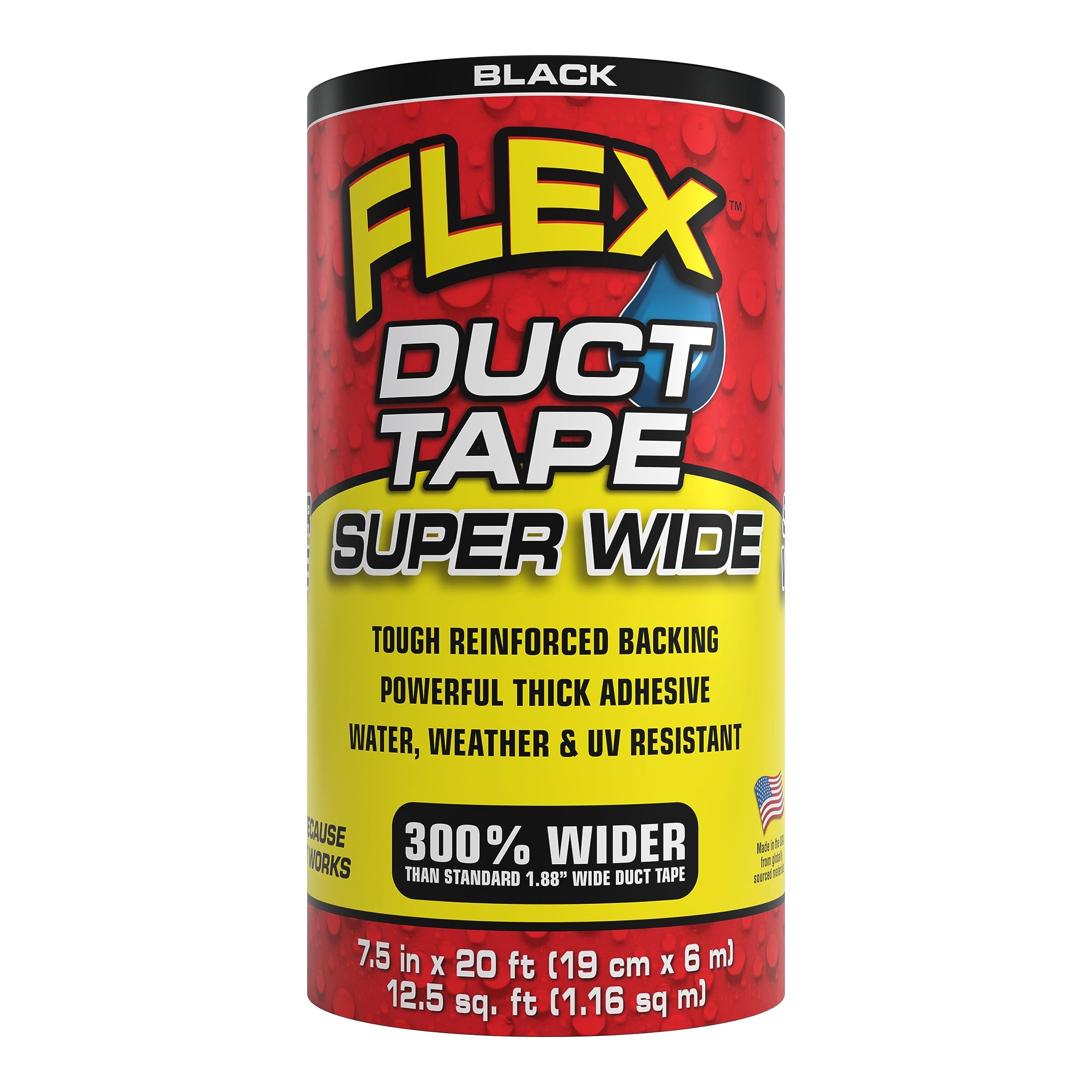 Super Wide Flex Duct Tape, 7.5 Inches x 20 Feet, Black, Heavy Duty Strong, Multi-Surface, Water, Weather and UV Resistant, Tearable, Perfect for Boxes, No Residue