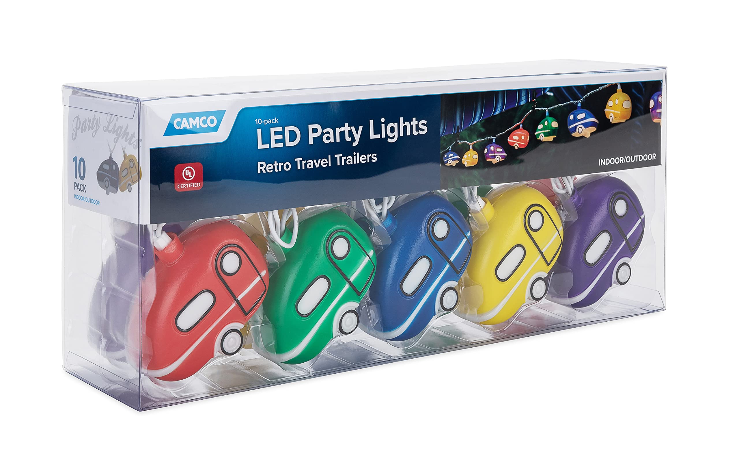 Camco Party Lights Retro Travel Trailer - Features an 8' Strand with (10) Travel Trailer Lights - Camping String Lights - Perfect for RV Awnings and Campsite Décor (42655)