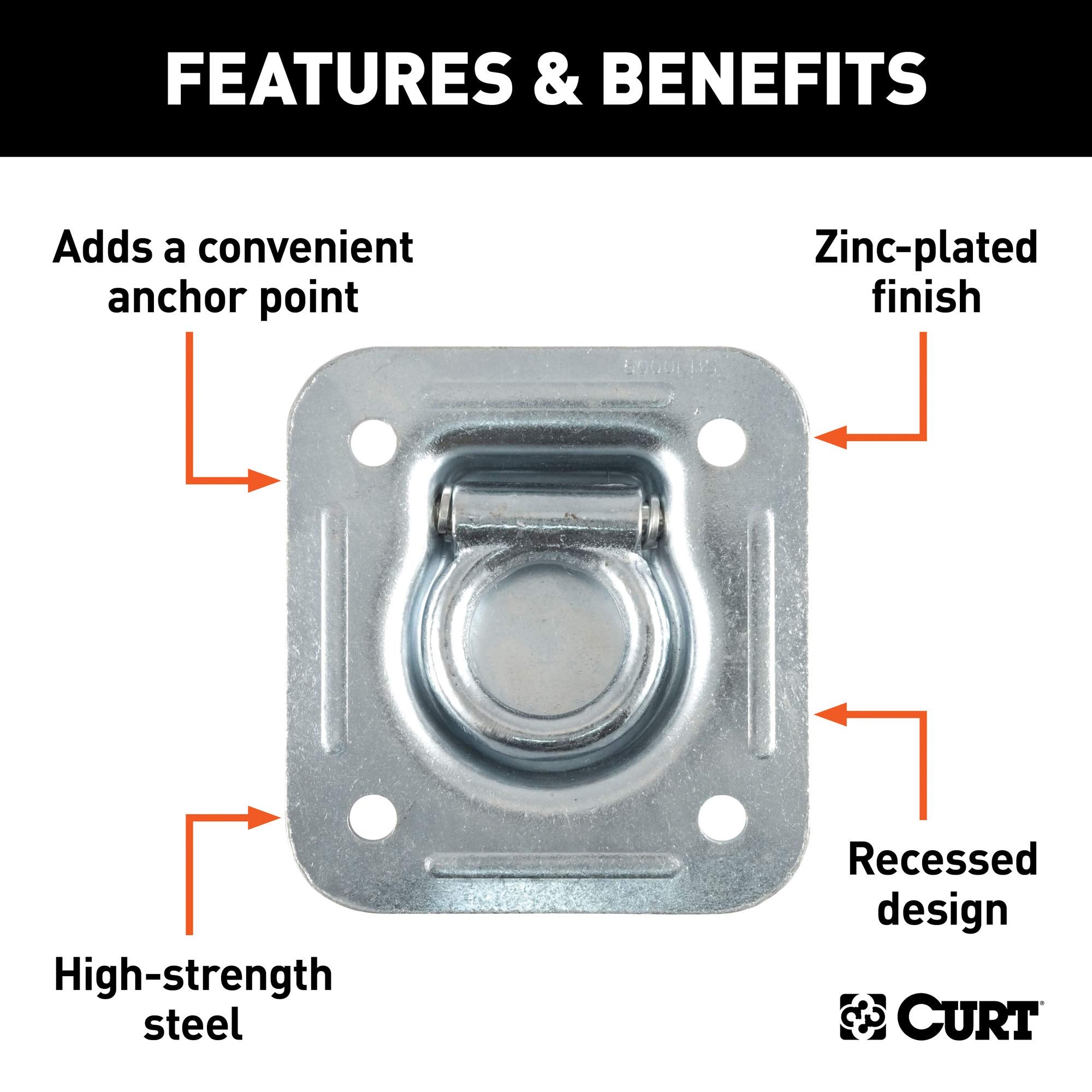 CURT 1-1/2-Inch Recessed Trailer Rope Ring Tie Down Anchor, 5,000 lbs Break Strength