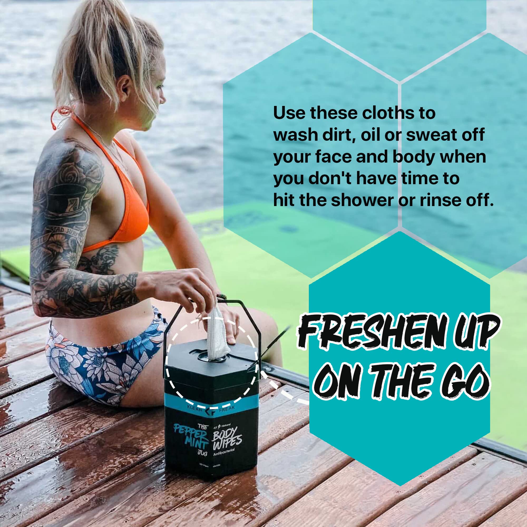 Klean Freak Body Wipes - Wipe Away Sweat and Odor for Face and Body, No Water, Large Textured, Travel, Gym, Camping and More, 120 Cnt Jug (Peppermint)