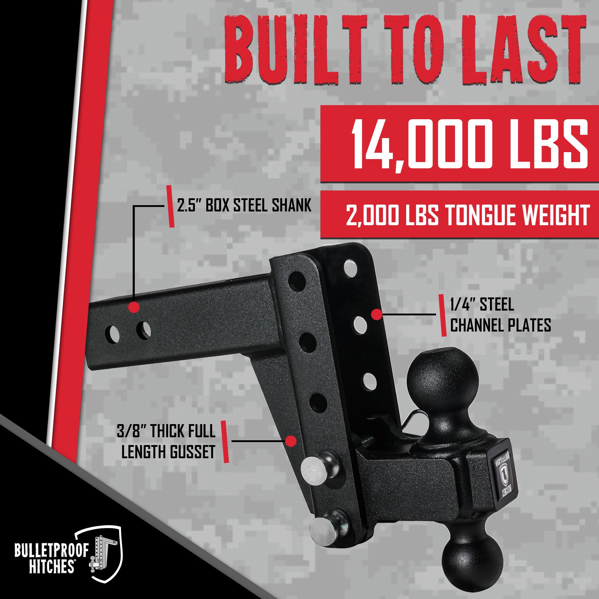 2.5" BulletProof Hitches Adjustable Medium Duty Trailer Hitch (14,000 lb. Rating) - 4" Drop/Rise Trailer Hitch with 2" & 2-5/16" Dual Ball - Powder Coat, Box Steel, Corrosion-Resistant