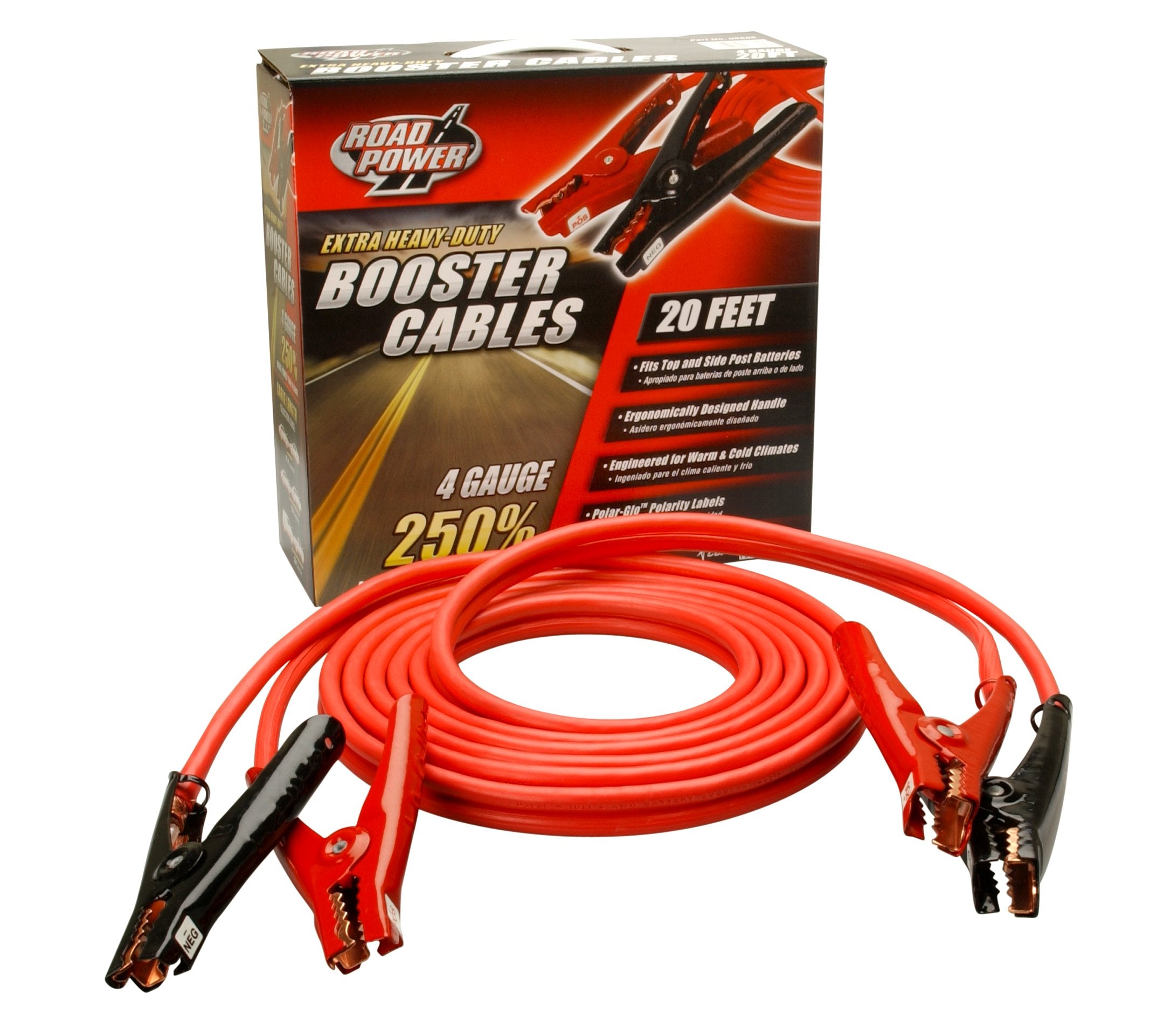 Heavy-Duty Booster Cable Road Power 86600104 with Polar Glow Clamps 20-Feet; 4-Gauge Car Battery Jumper Cable
