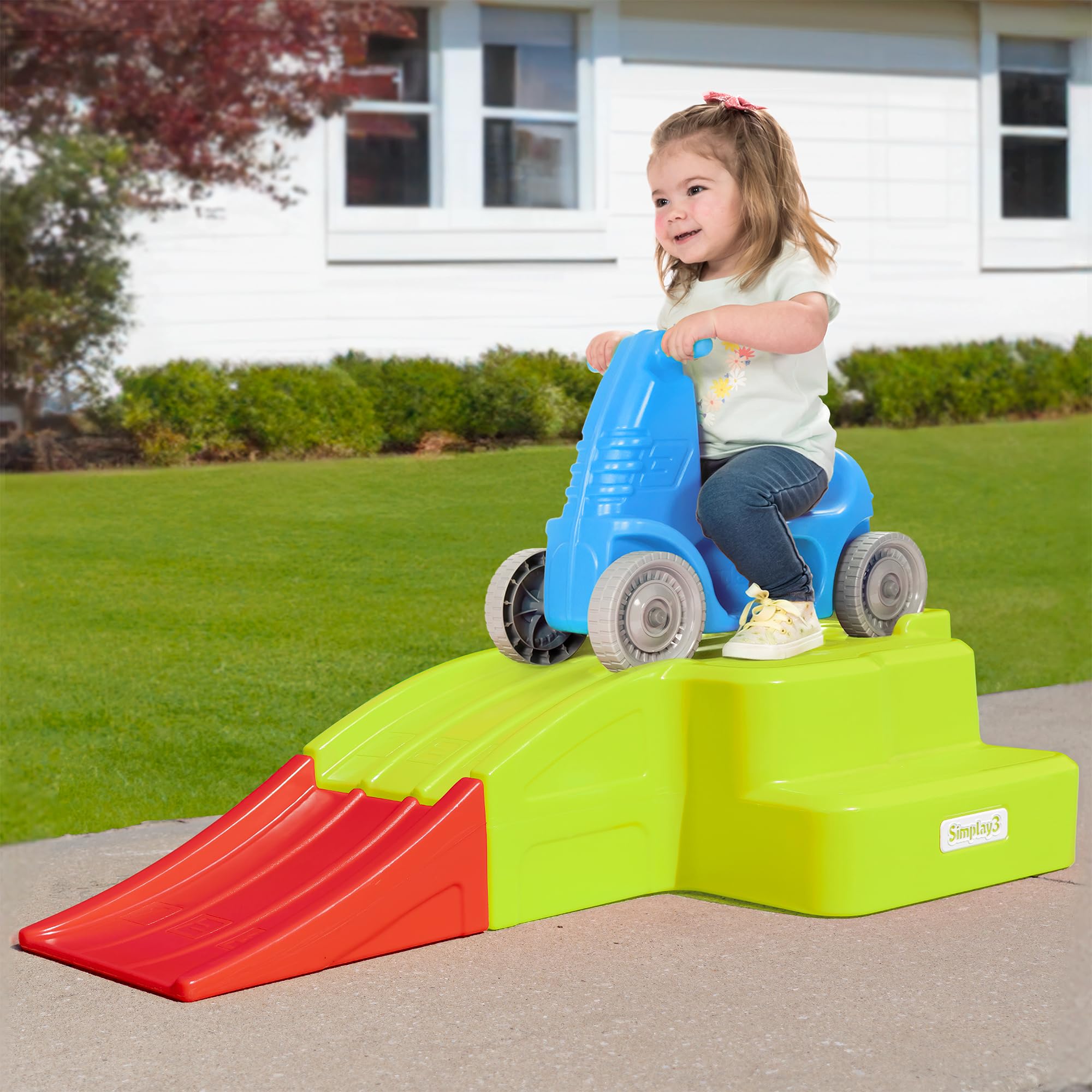 Downhill Thrill Simplay3 Kids Roller Coaster Indoor-Outdoor Ride-on Toy, with Blue Ride-on Car, Coaster Ramp and Clicking Wheels, for Kids Age 2-5 Years, Made in The USA